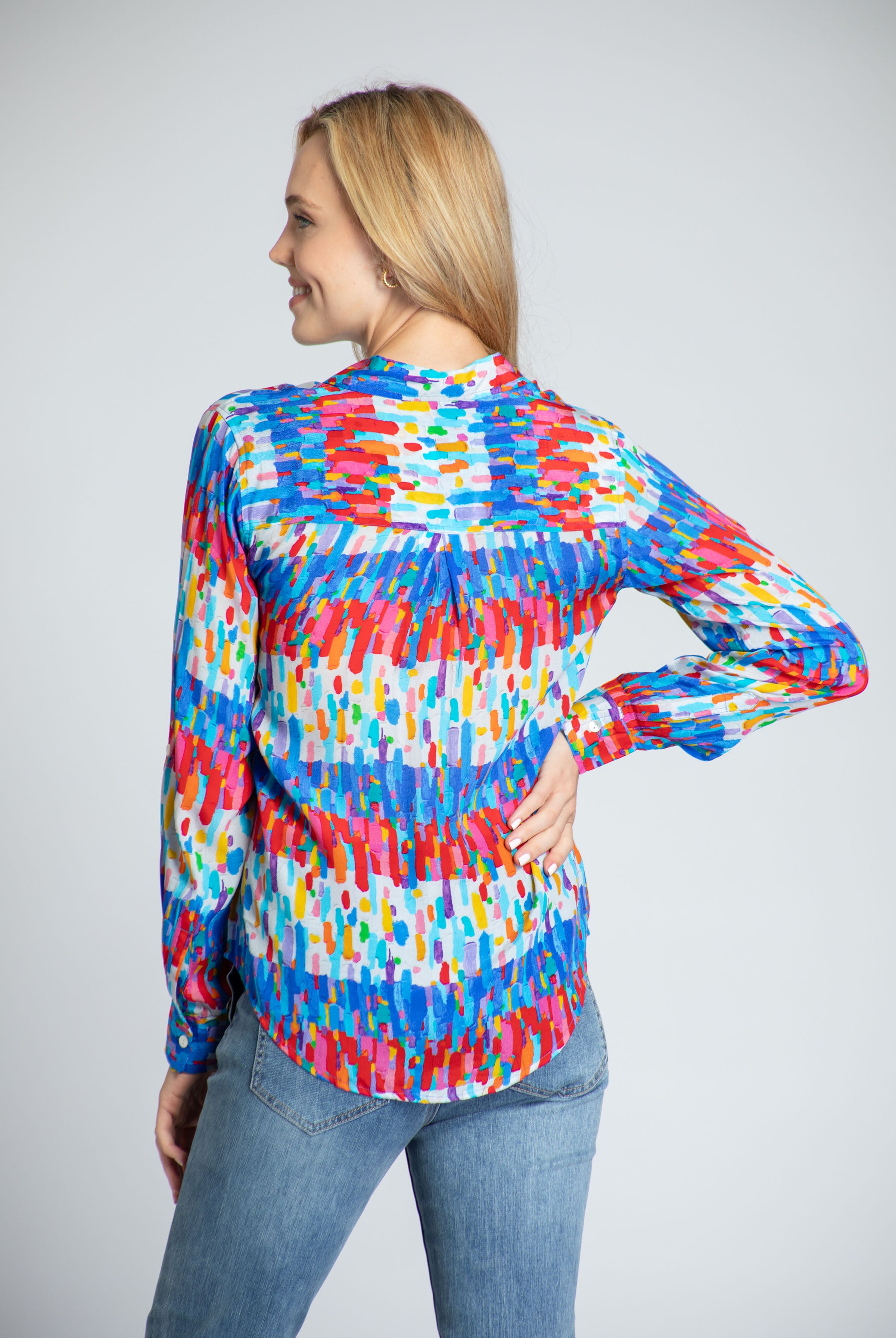 Multicolor Horizontal/ Vertical Brushes Print - Button-up With Roll-up Sleeve