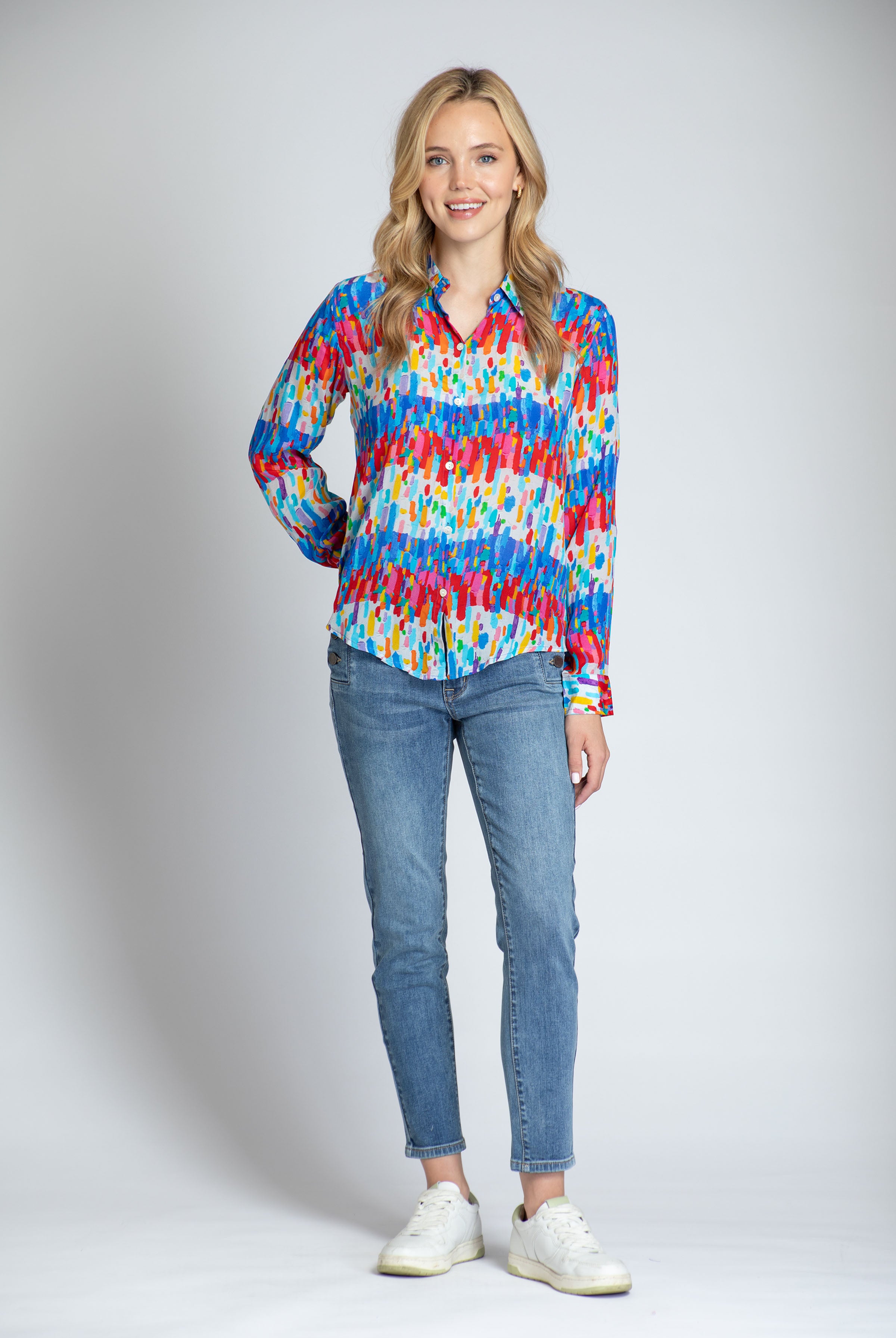 Multicolor Horizontal/ Vertical Brushes Print - Button-up With Roll-up Sleeve