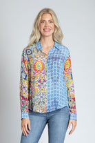 Mixed Pattern Printed Blouse - Button-up With Roll-up Sleeve