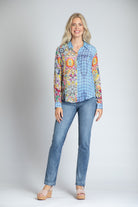 Mixed Pattern Printed Blouse - Button-up With Roll-up Sleeve