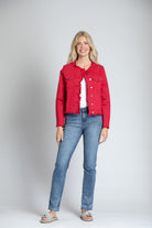 Collarless Jean Jacket With Frayed Detail - Red