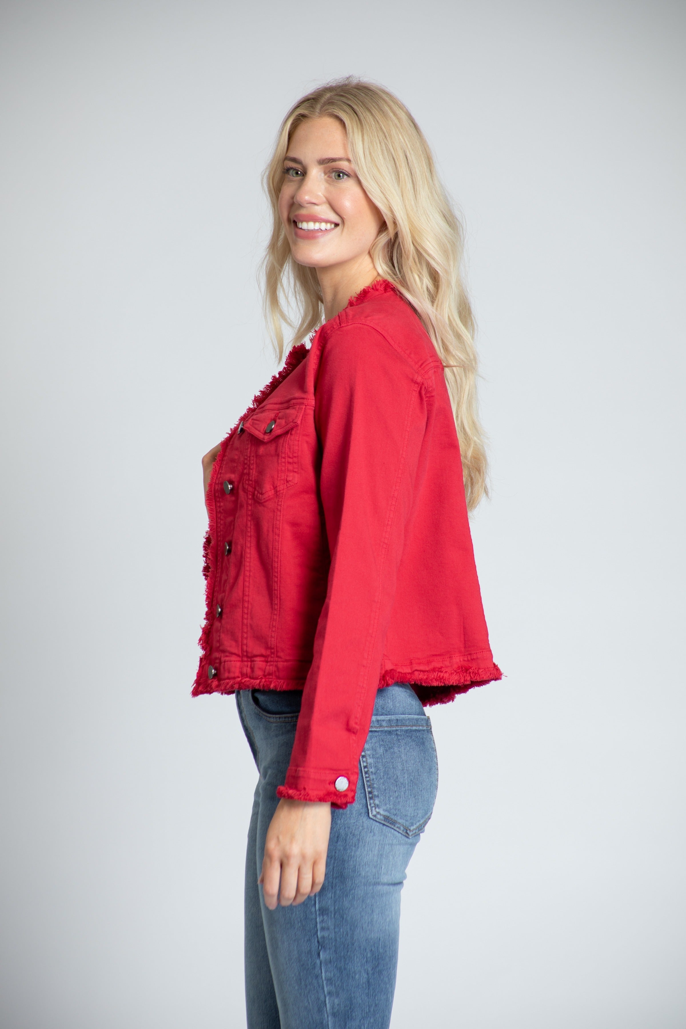 Collarless Jean Jacket With Frayed Detail - Red