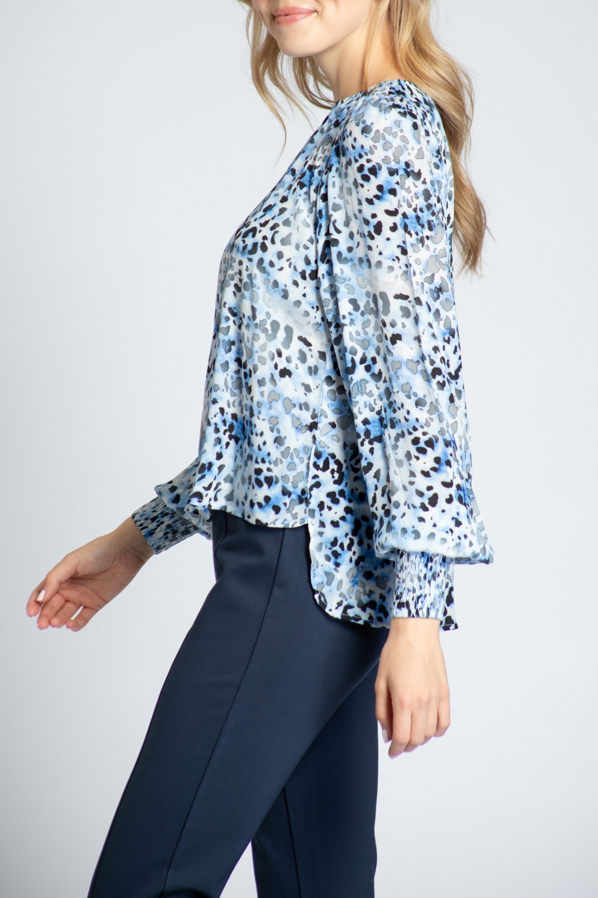 Blue Leopard Print Pullover With Smocked Cuff