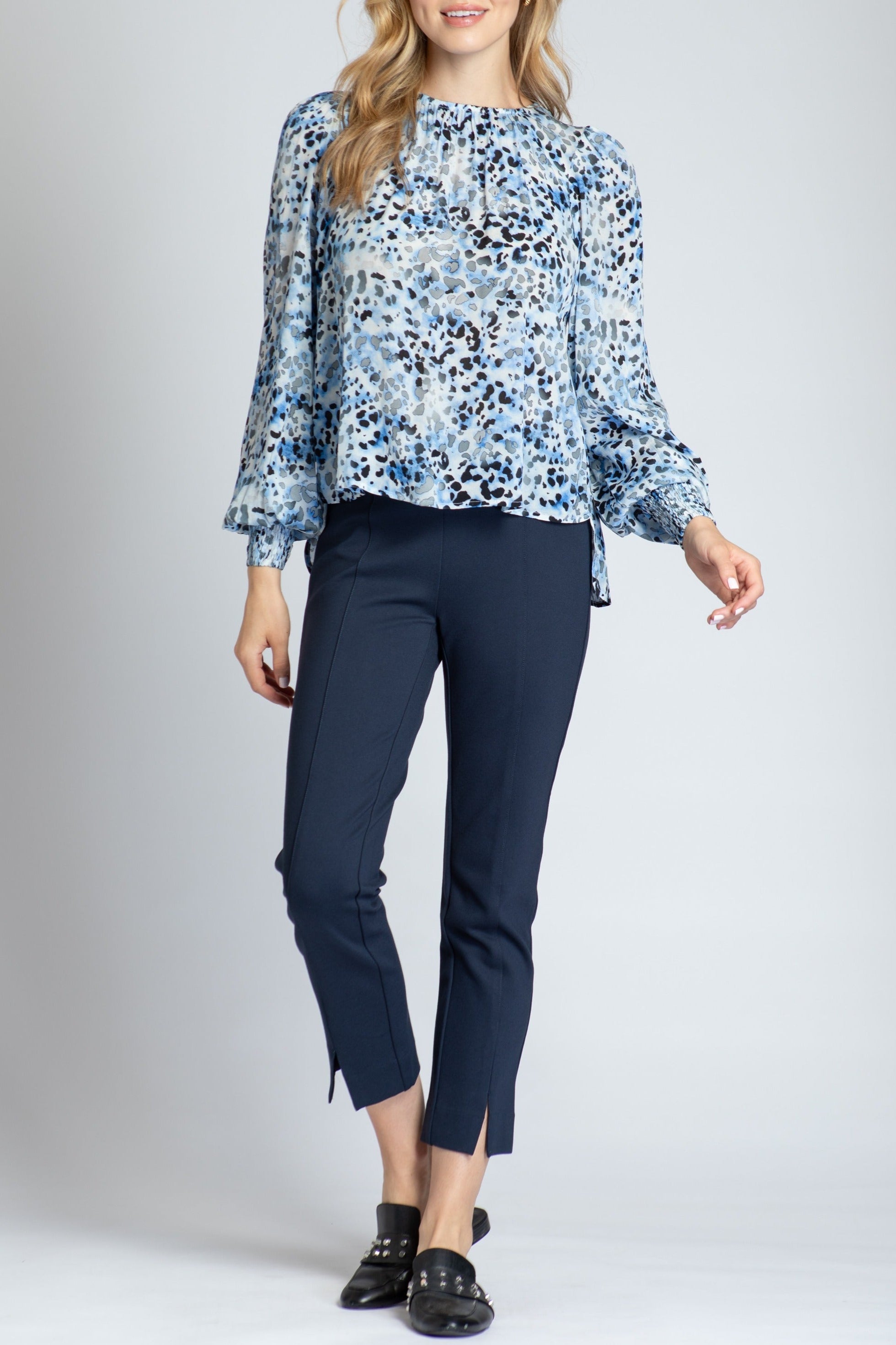 Blue Leopard Print Pullover With Smocked Cuff