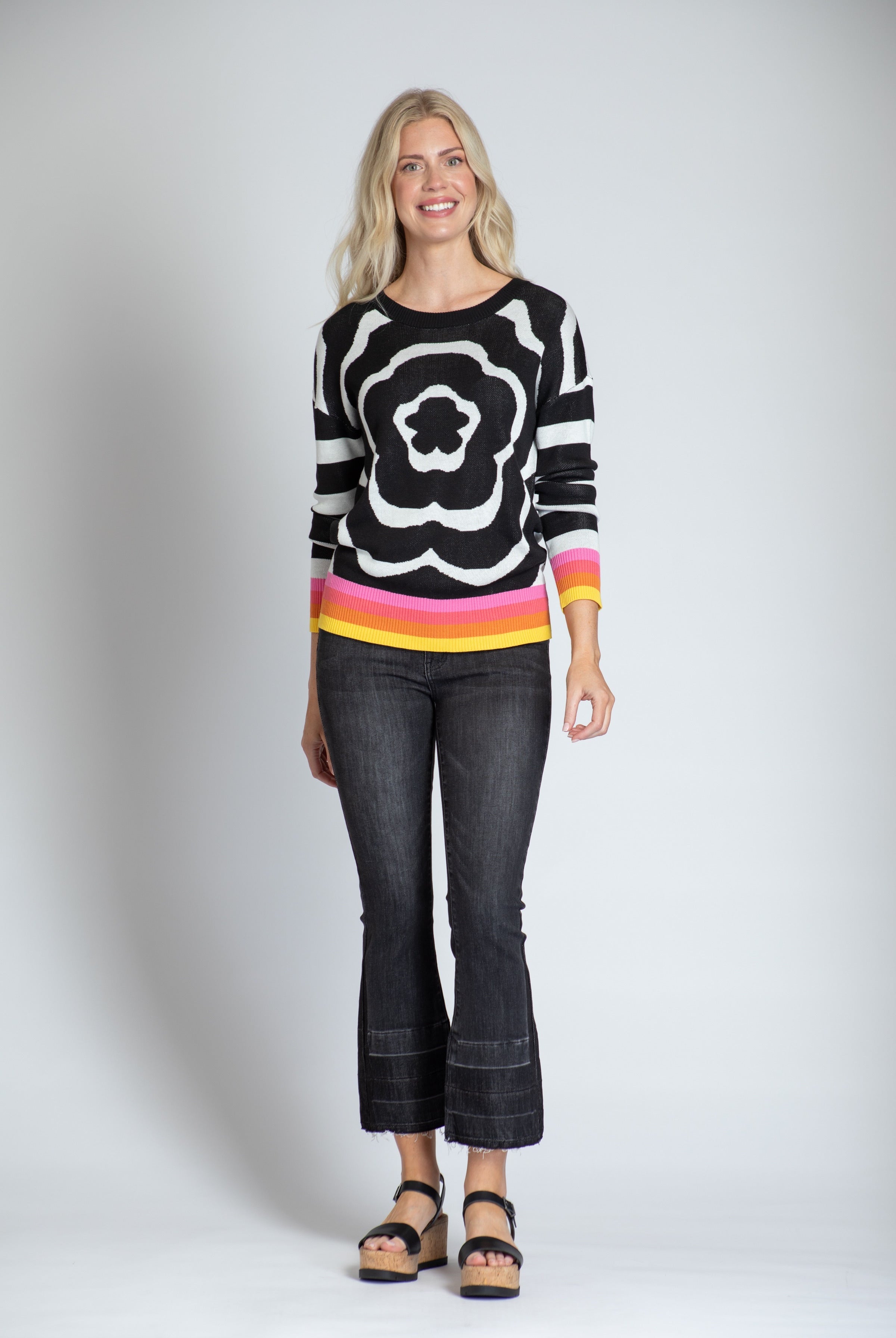  Floral Sweater With Rainbow Cuffs