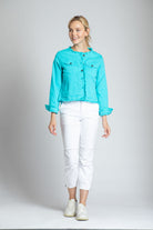 Collarless Jean Jacket With Frayed - Turquoise