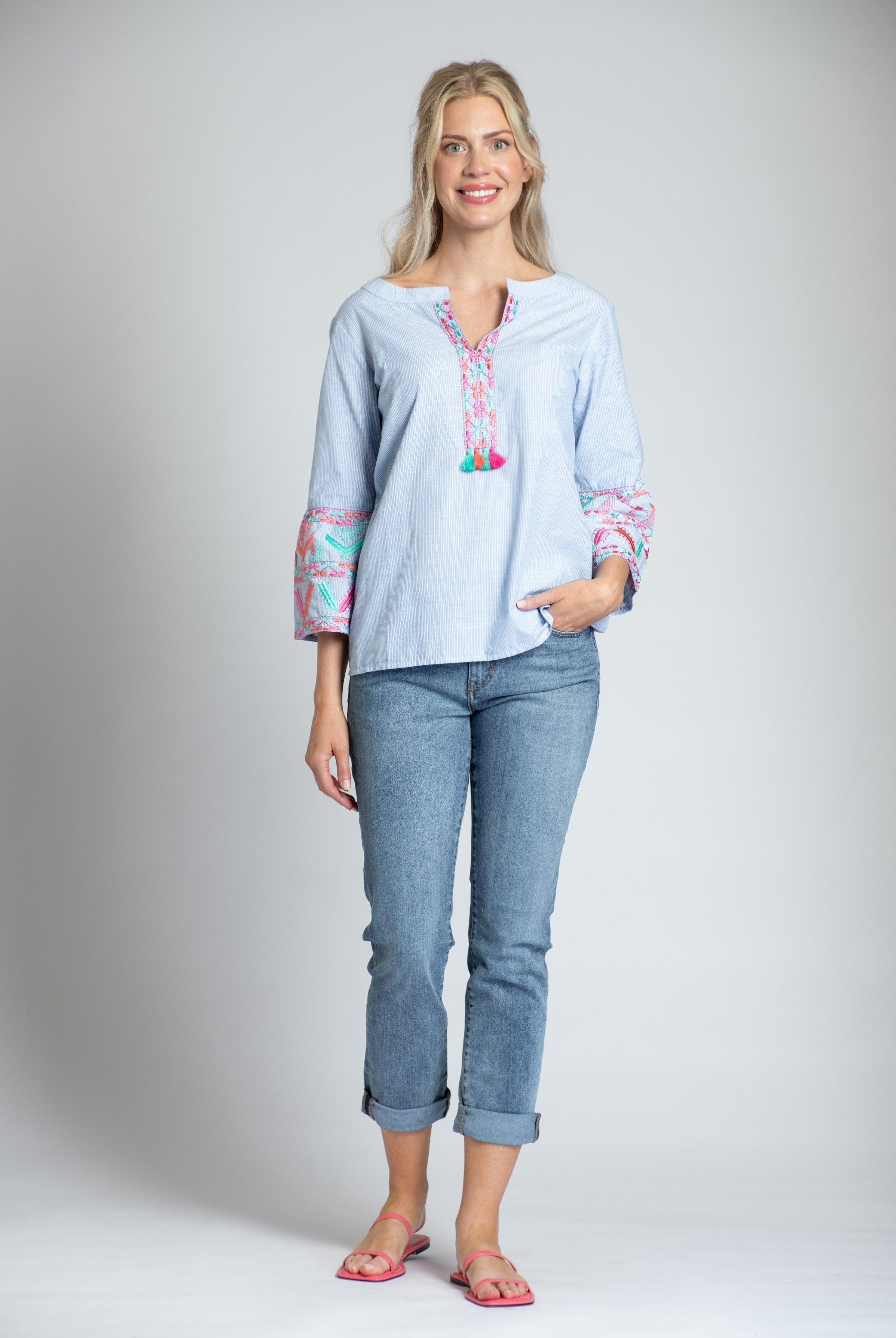 Flounce Sleeve Pull Over With Embroidery