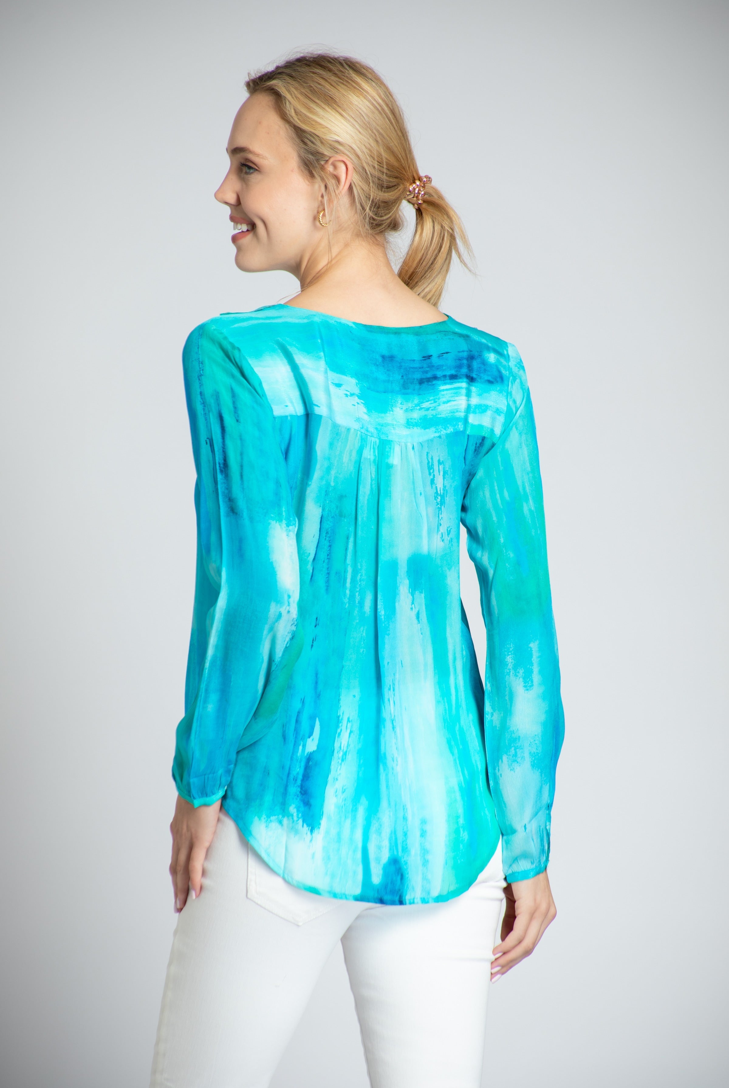 Ethereal Blue Watercolor Print Ruffle V-neck Blouse