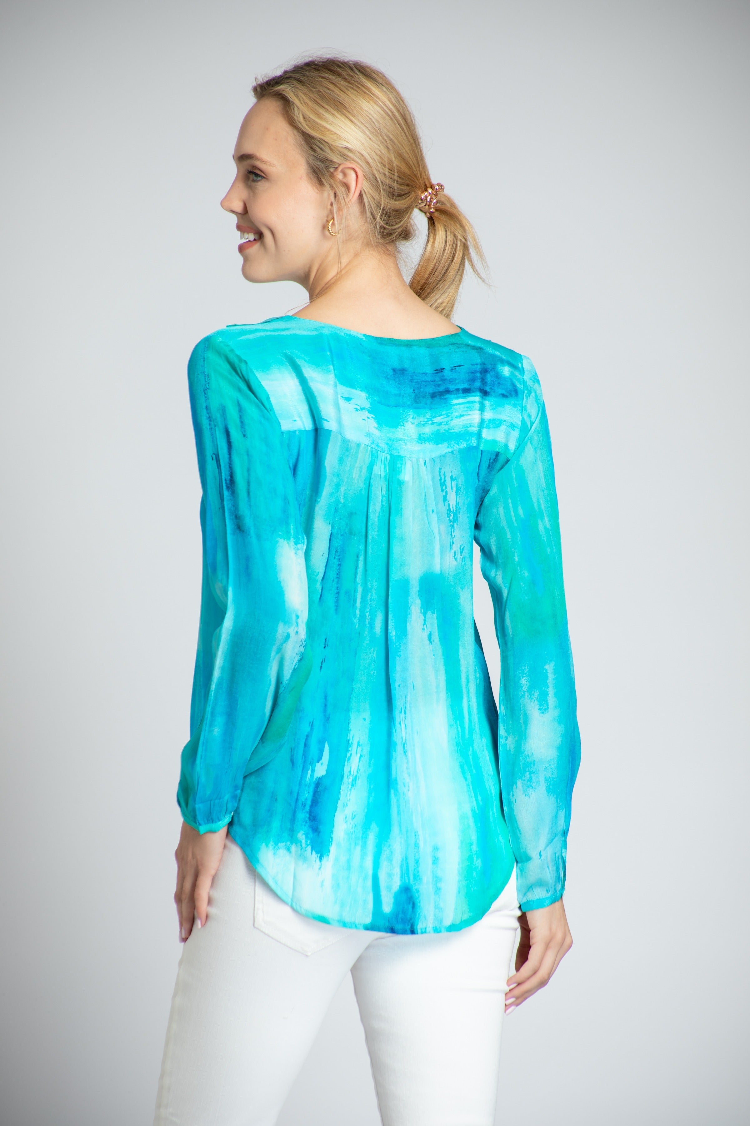 Ethereal Blue Watercolor Print Ruffle V-neck Blouse