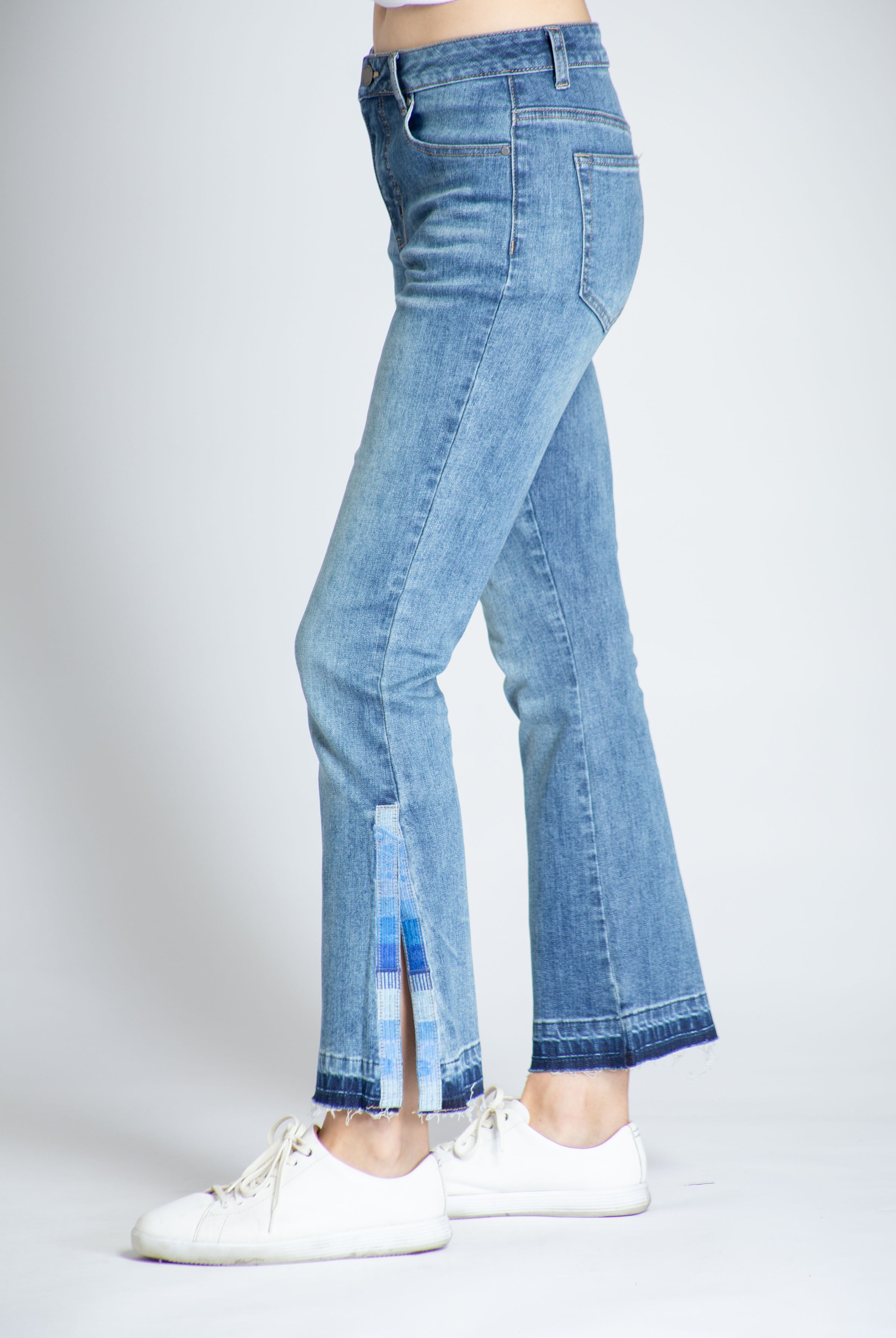 Crop Flare Jean With Side Hem Embroidery - Medium Indigo
