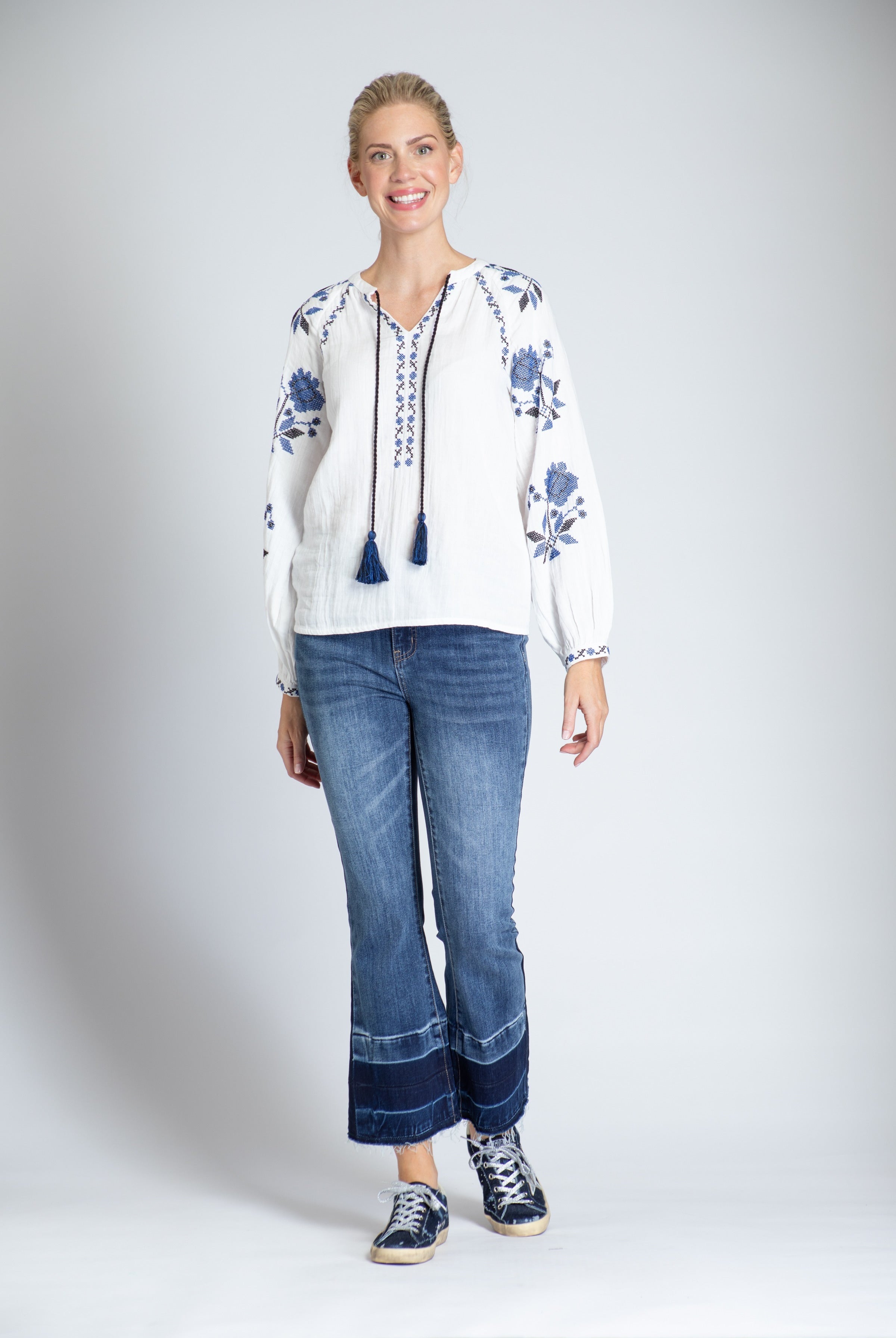 Embroidered Sleeve Top With Split Neck