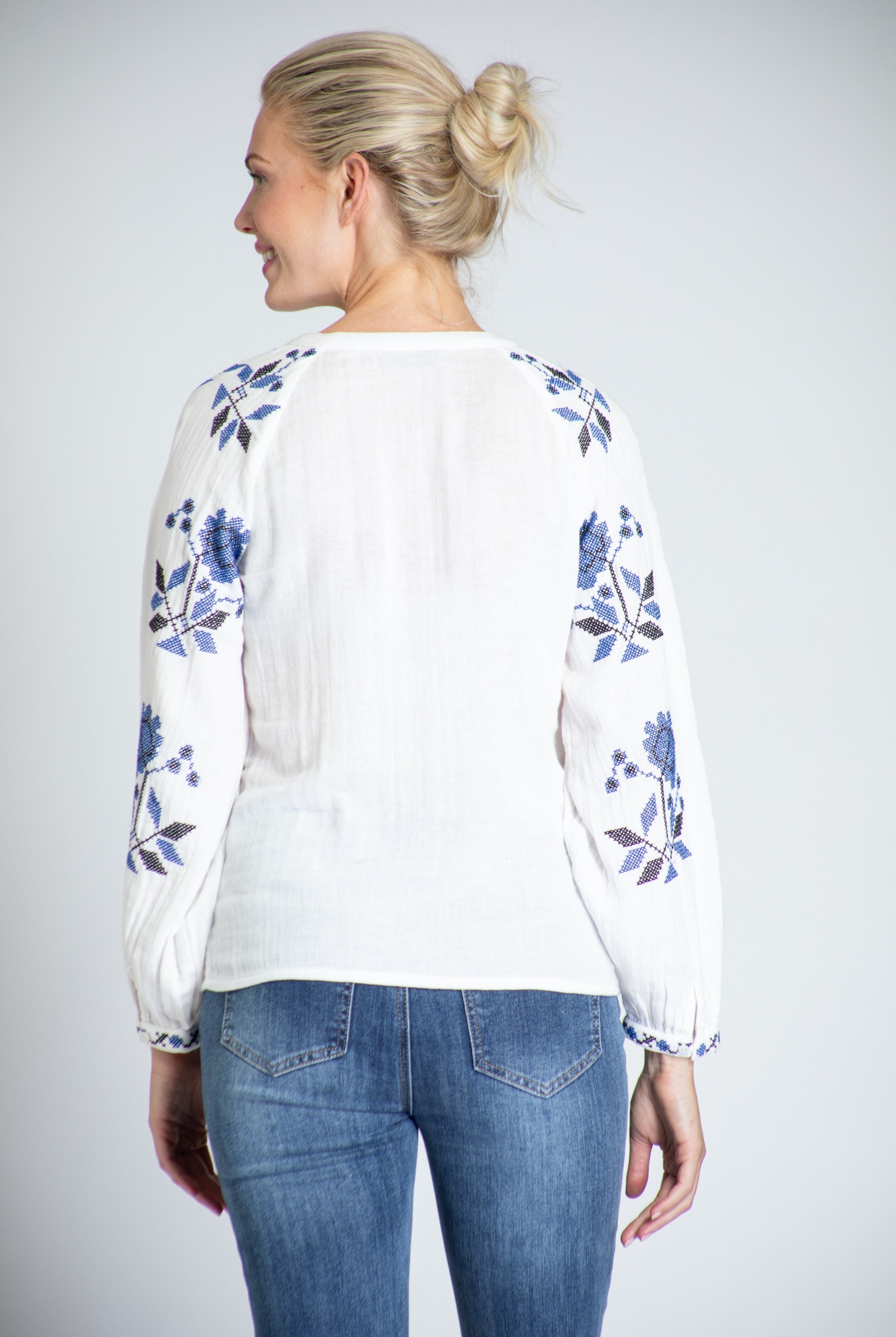 Embroidered Sleeve Top With Split Neck