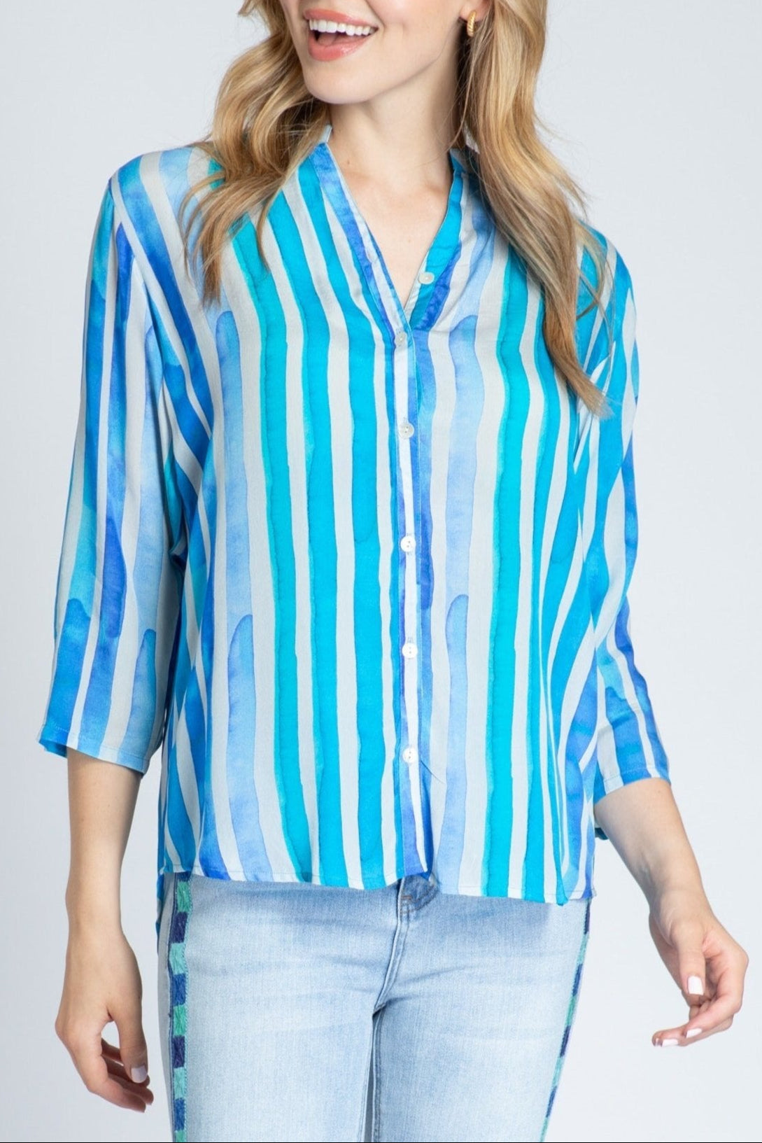 Blue Lagoon Stripe Print - 3/4 Sleeve Mandarin Collar Button-up