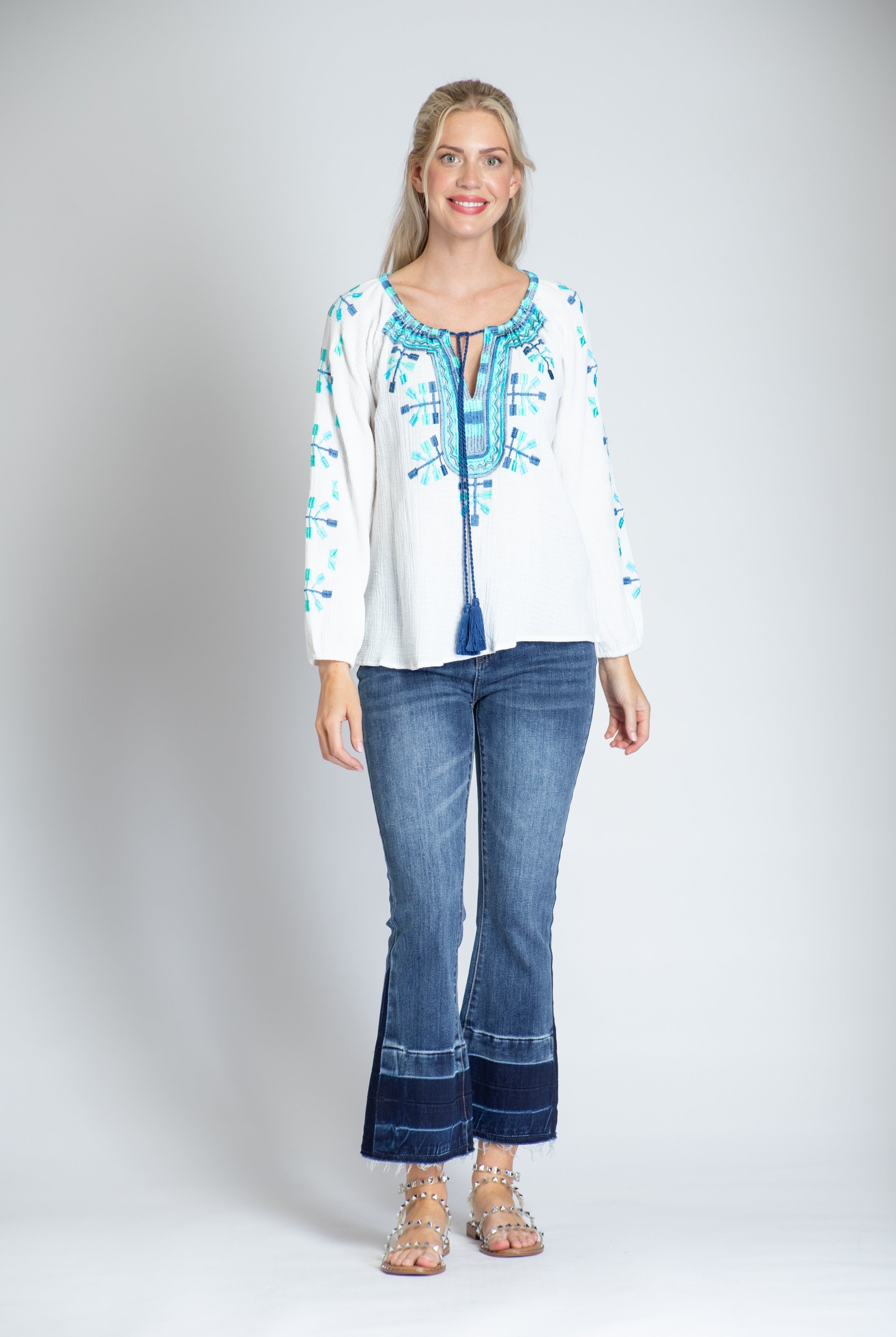 Embroidered Peasant Top With Tassels - White Multi