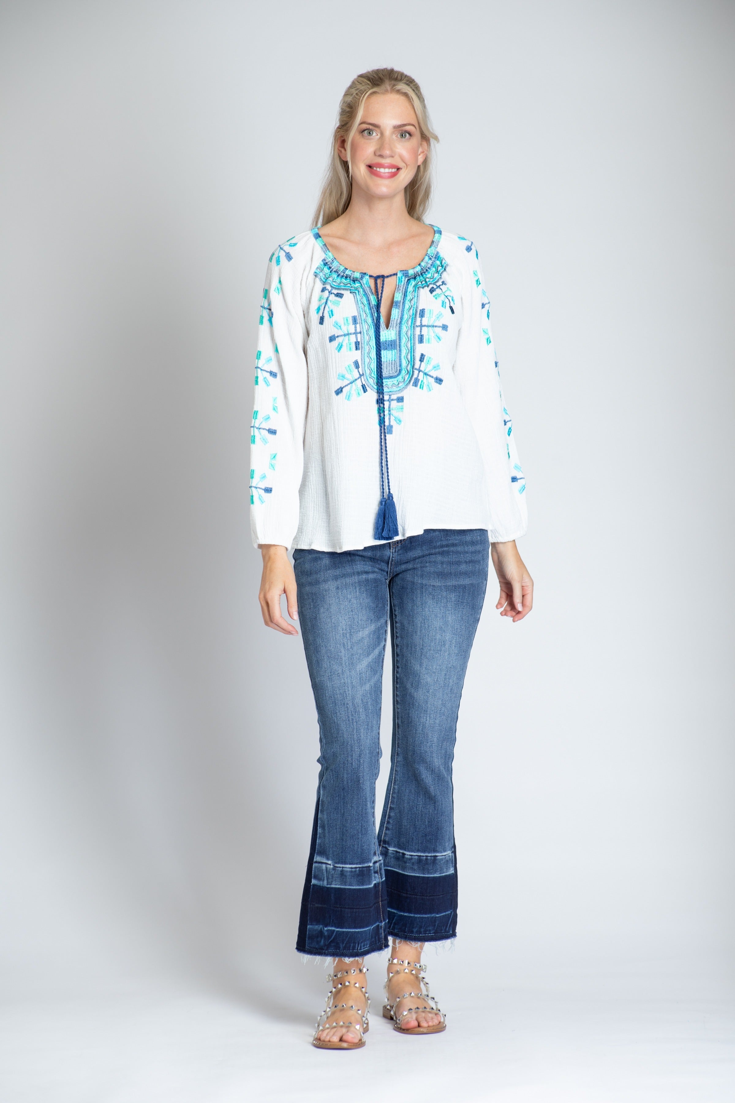 Embroidered Peasant Top With Tassels - White Multi