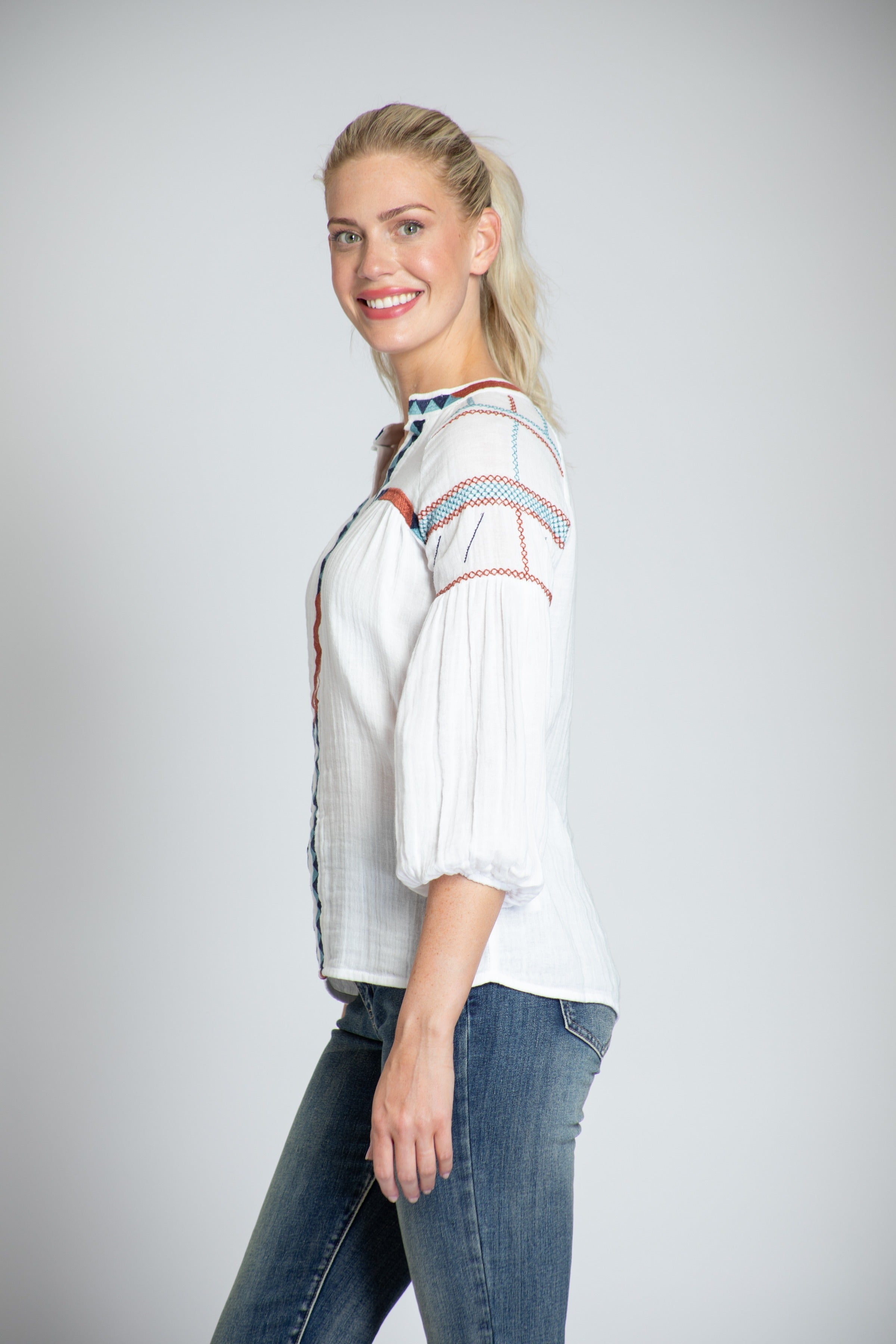 Geo Embroidered Pullover With ¾ Sleeve & Tassel