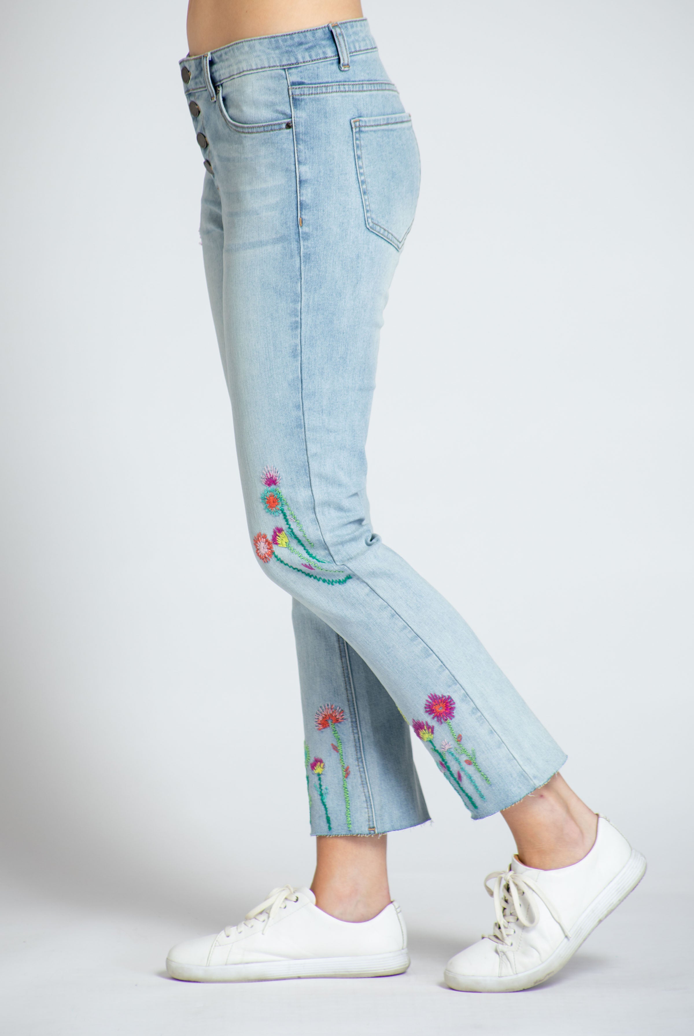  Floral Embroidered Straight Leg Jean - Medium Indigo