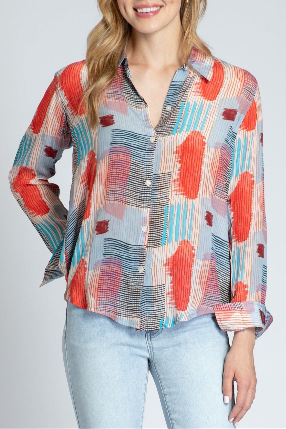 Multicolor Geo Square With Strokes Print - Button-up With Roll-up Sleeve