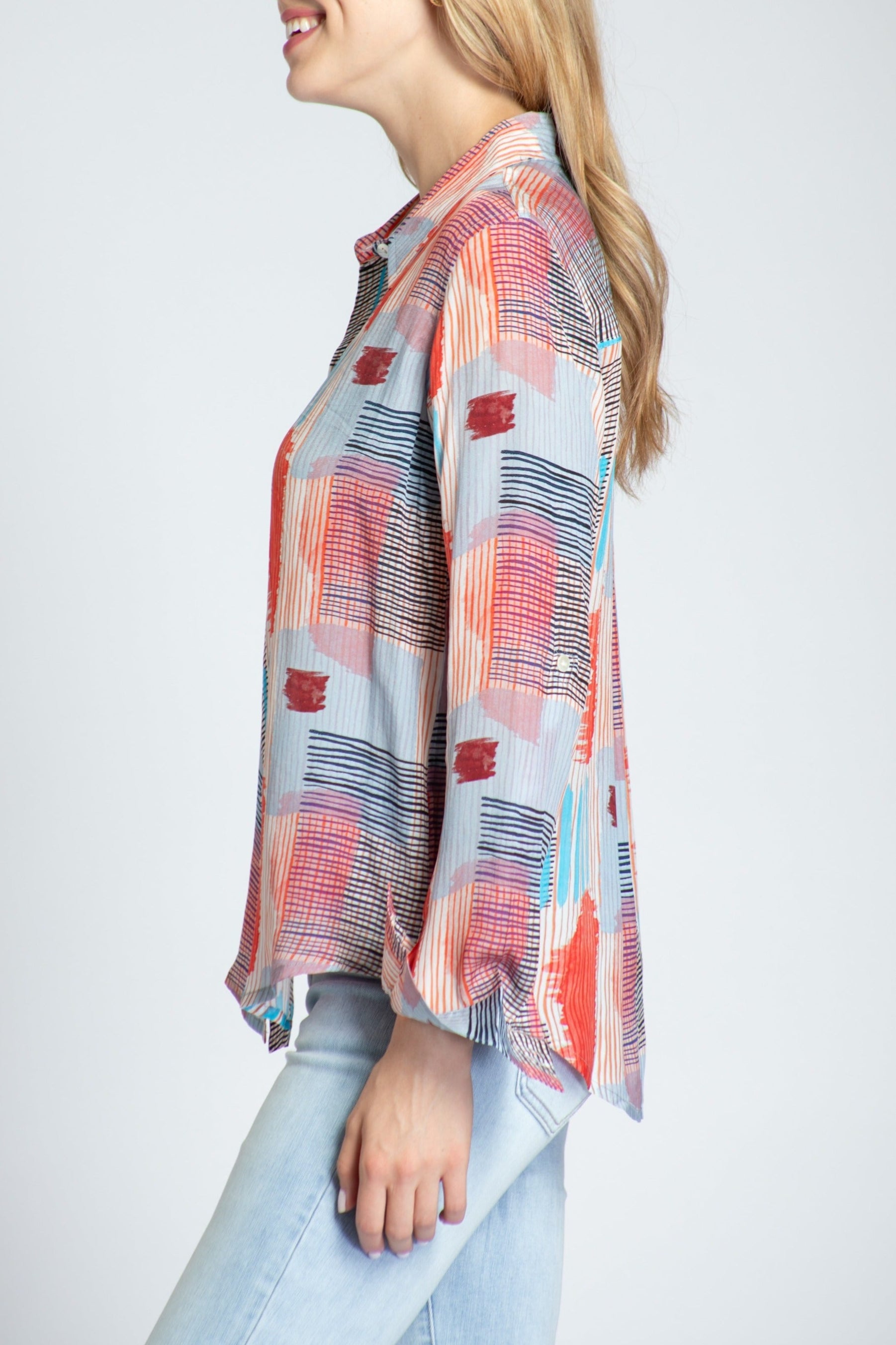 Multicolor Geo Square With Strokes Print - Button-up With Roll-up Sleeve