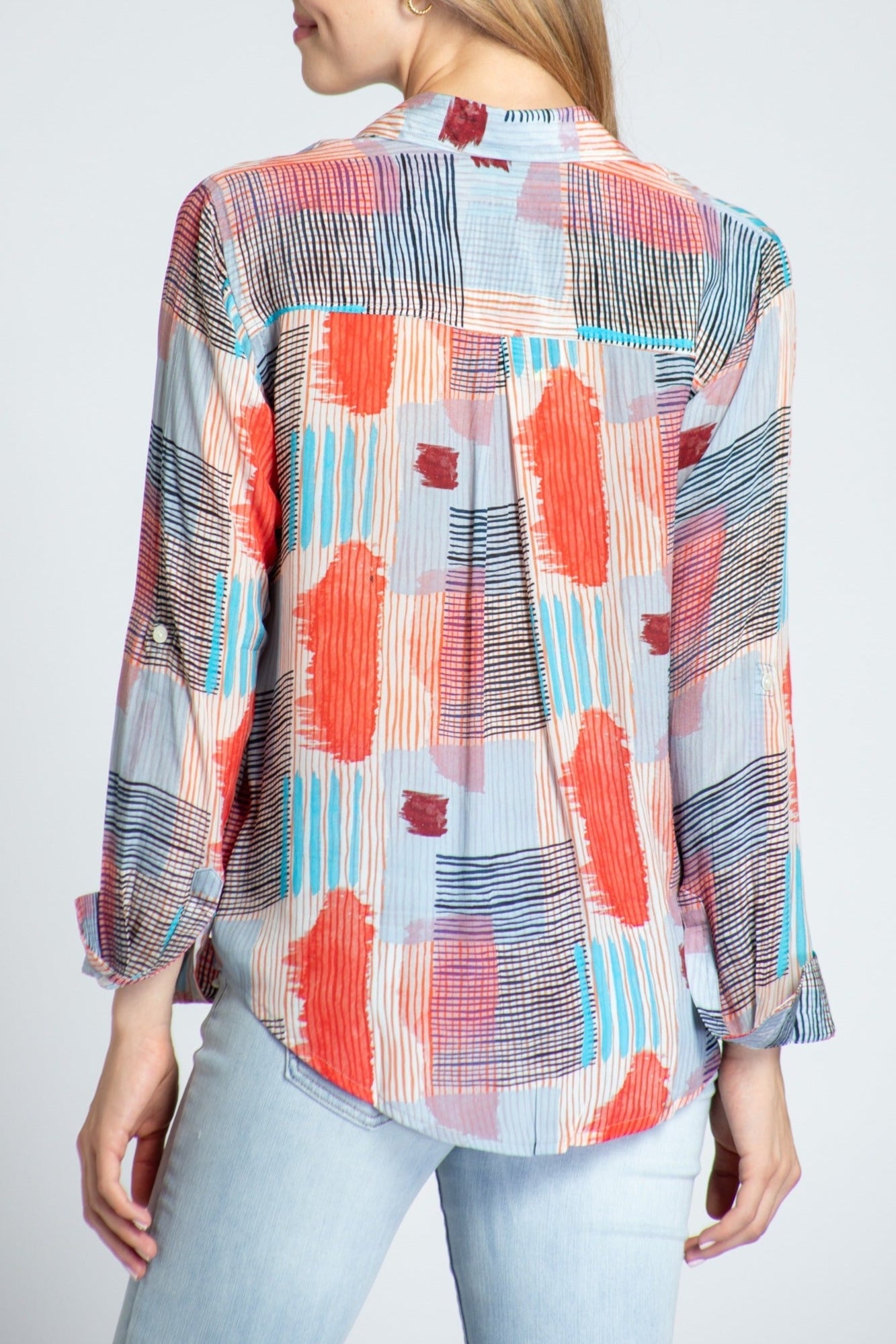 Multicolor Geo Square With Strokes Print - Button-up With Roll-up Sleeve