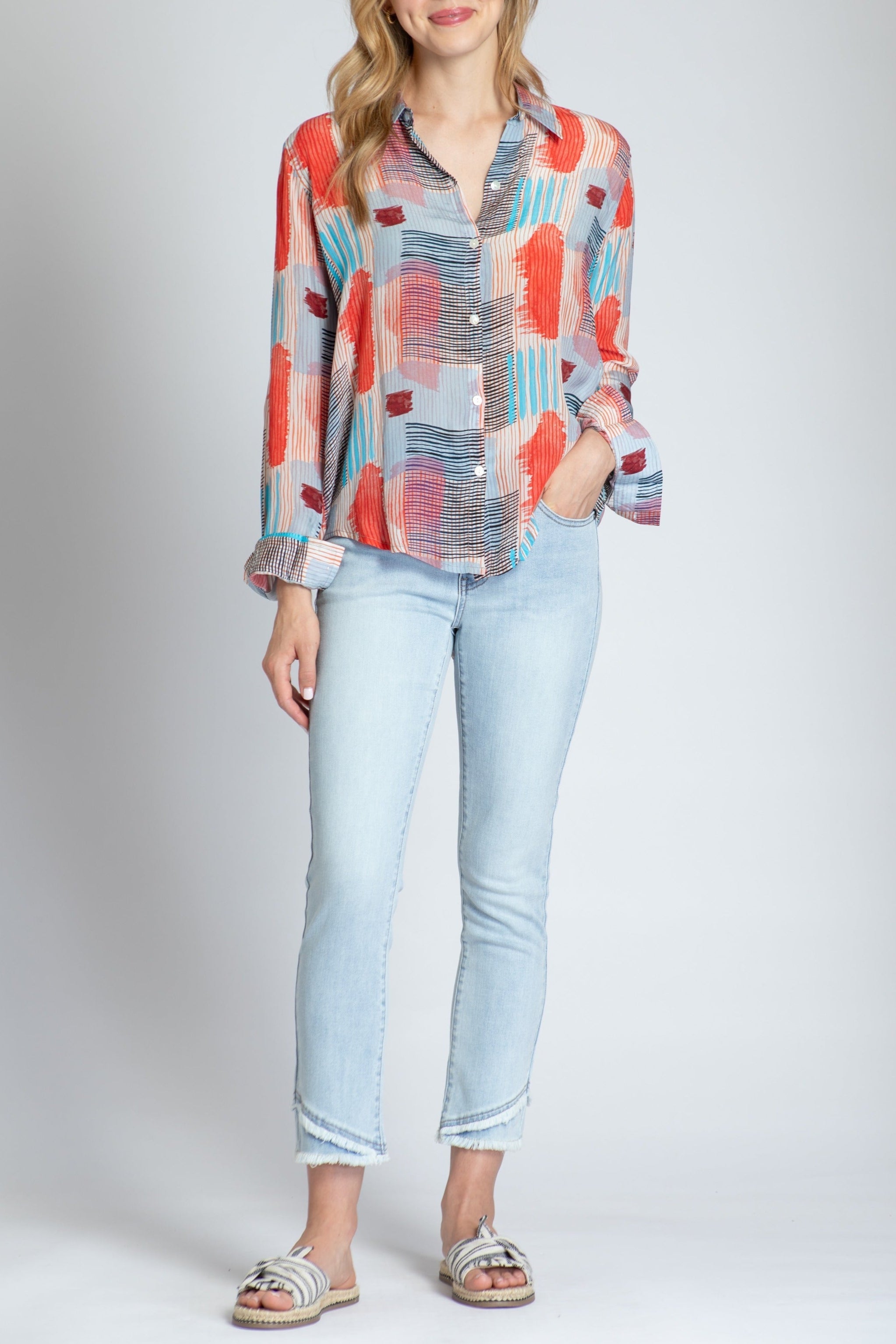 Multicolor Geo Square With Strokes Print - Button-up With Roll-up Sleeve