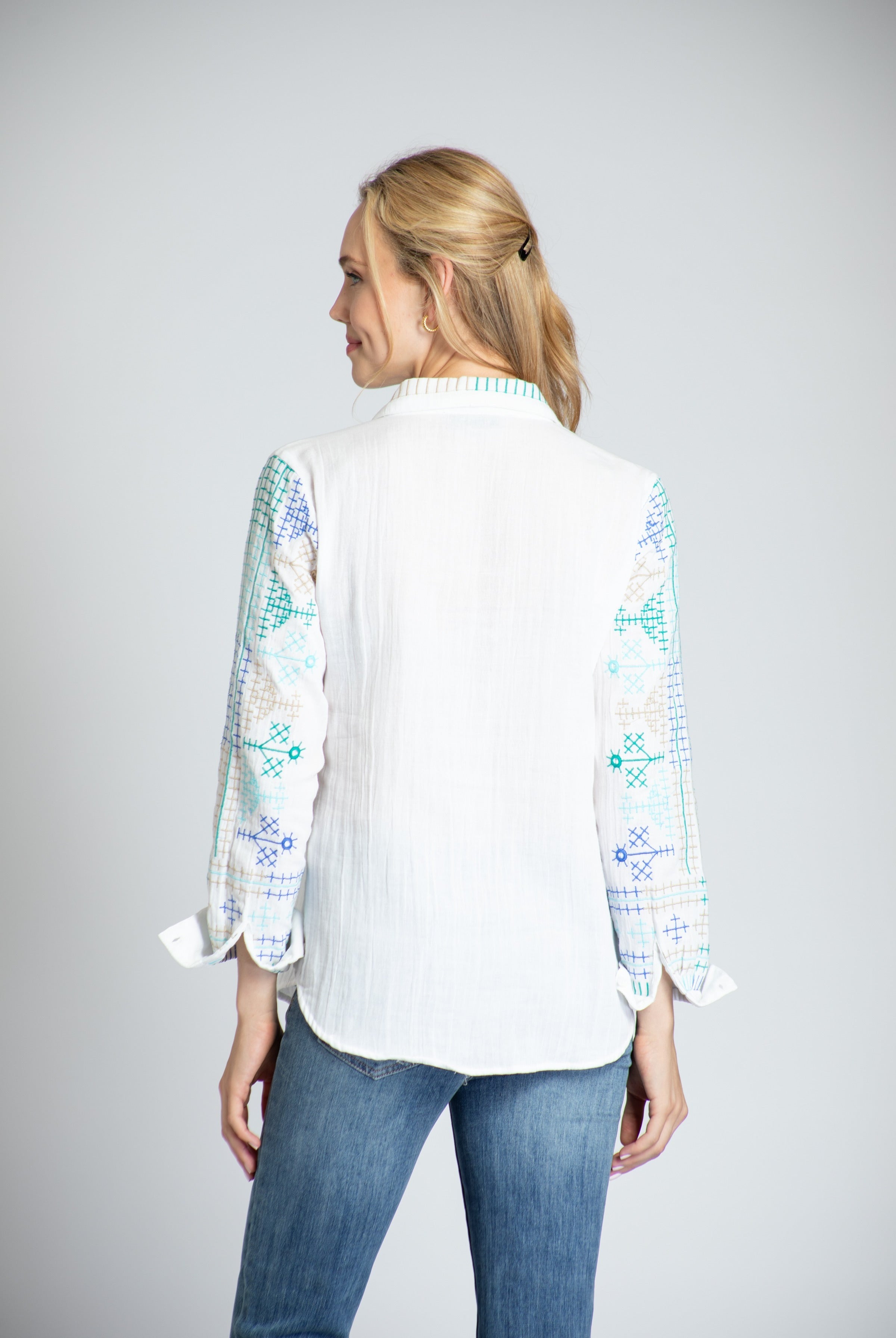 Button-up Blouse With Bursts Of Geometric Embroidery - White Multi