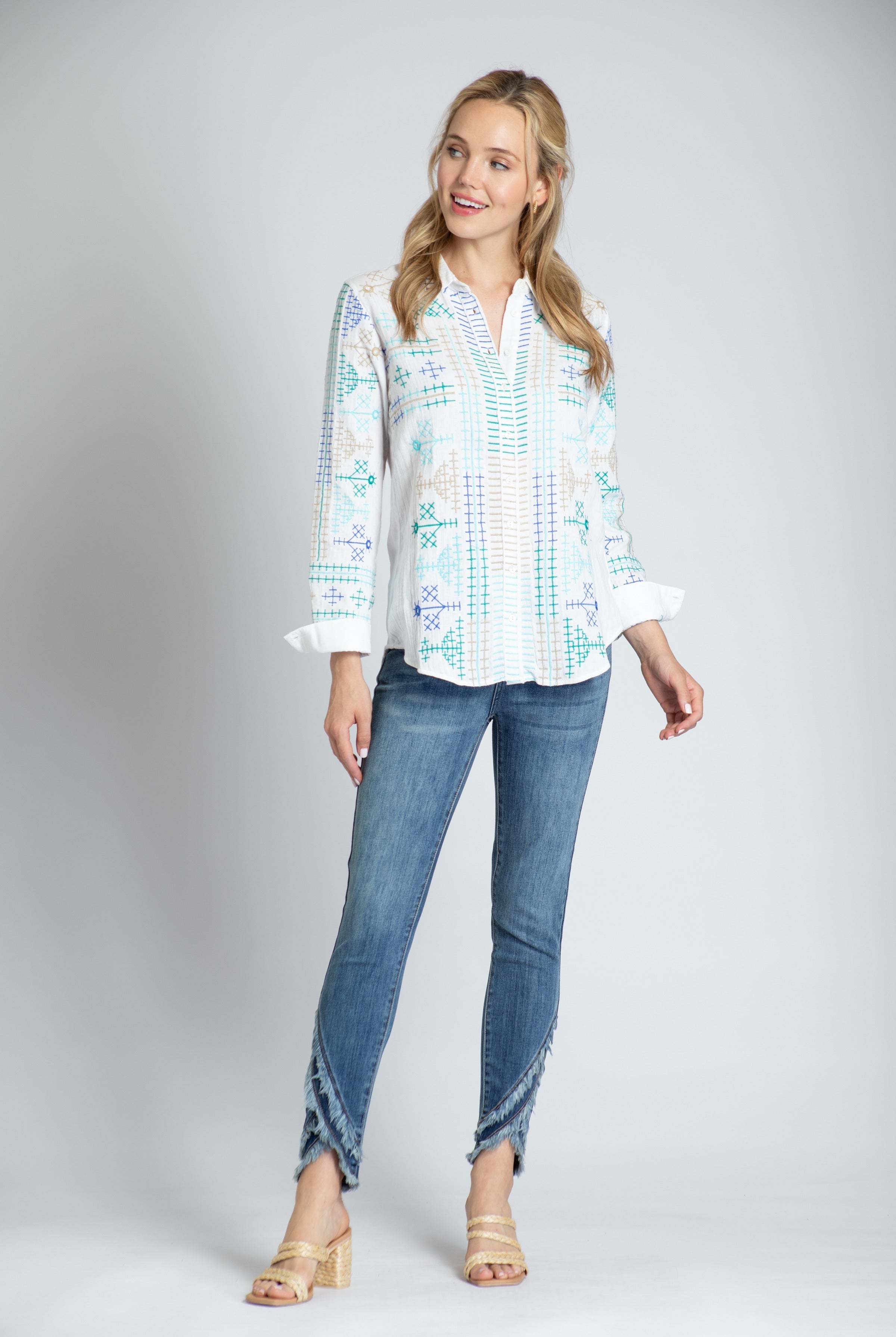 Button-up Blouse With Bursts Of Geometric Embroidery - White Multi