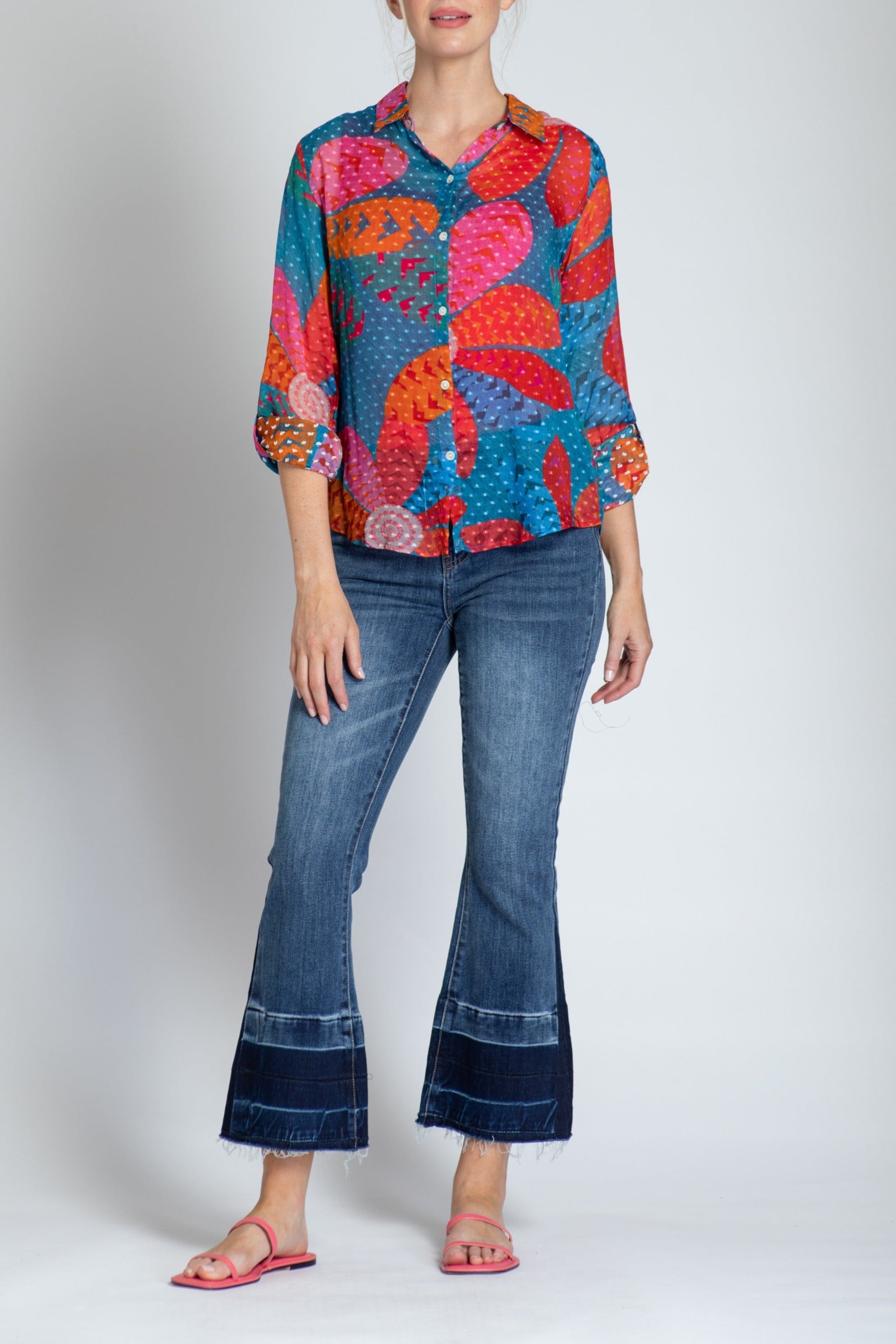Multi-color Flattened Floral Print - Button-up Top With Roll-up Tab Sleeve
