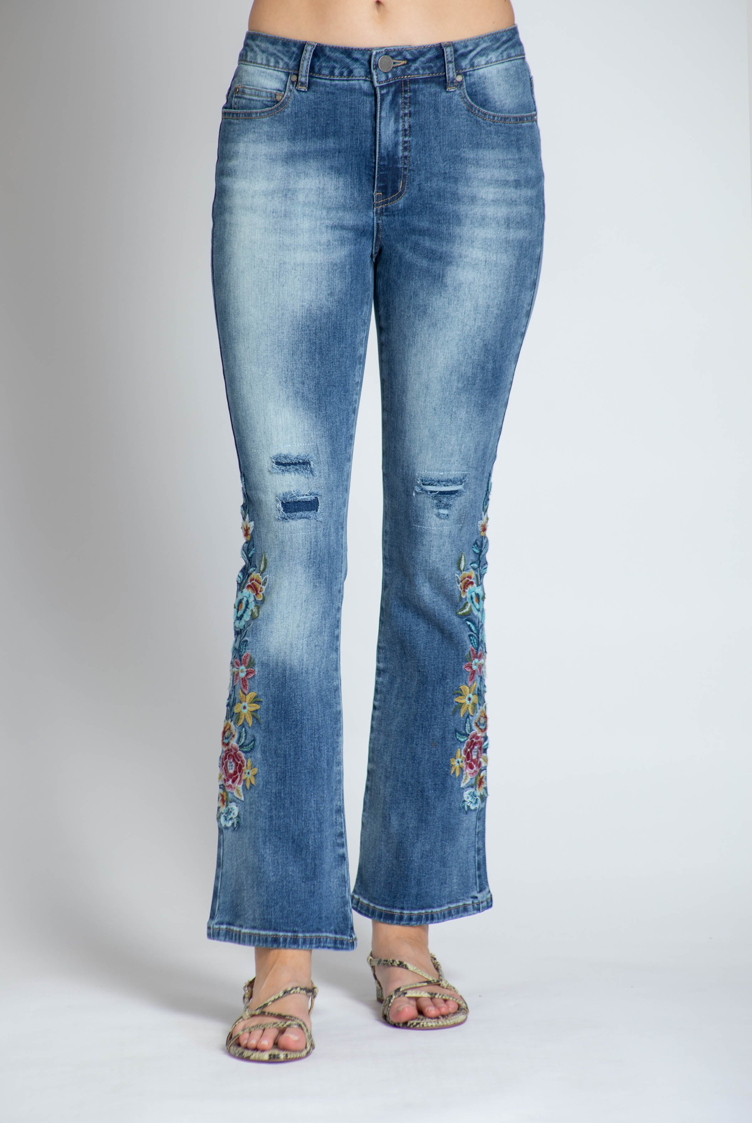 Moon Washed Embroidered Flare Leg Jean