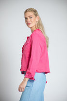 Collarless Jean Jacket With Frayed - Pink