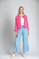 Collarless Jean Jacket With Frayed - Pink