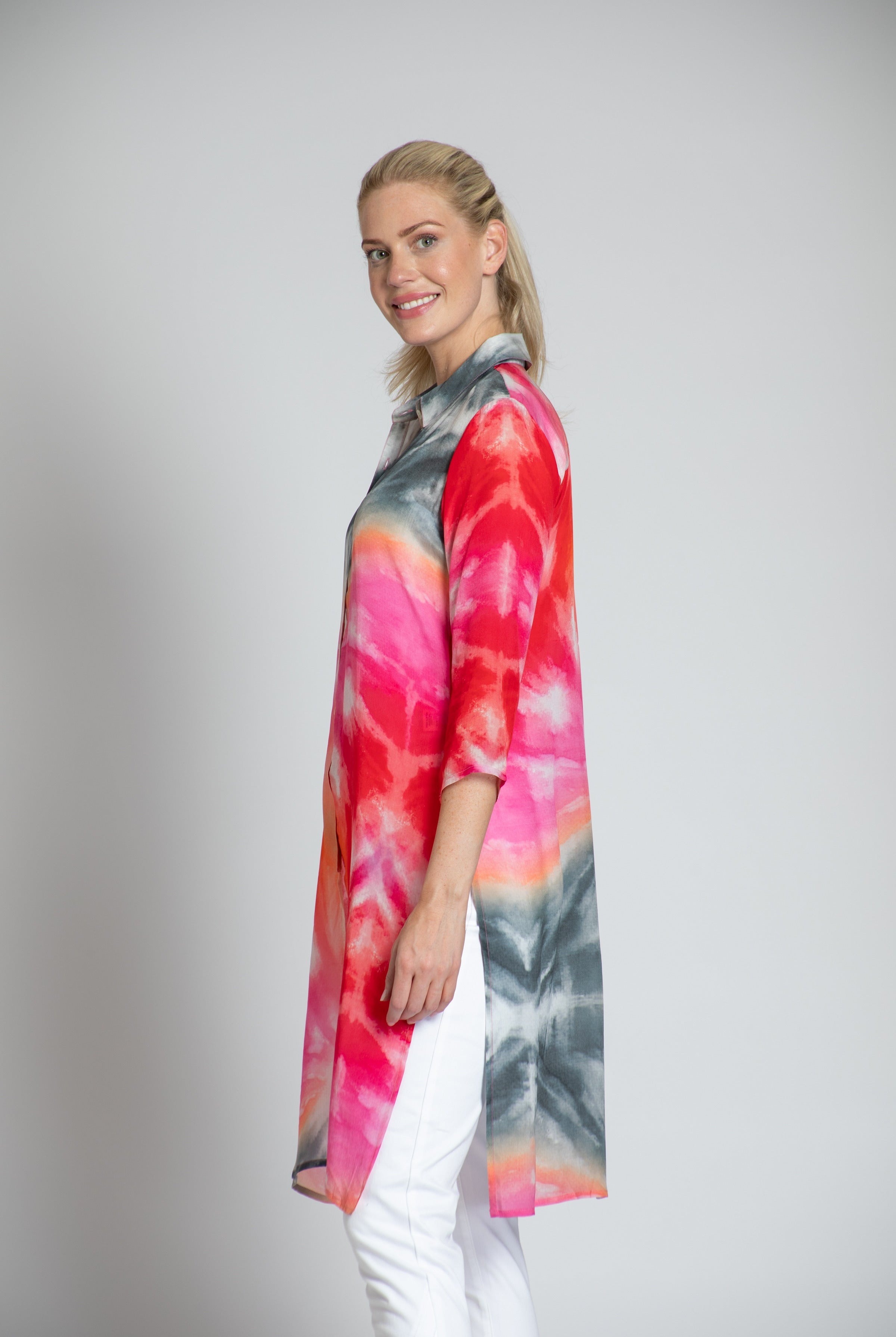 Abstract Tie Dye Print - 3⁄4 Sleeve Button-up With Side Slits