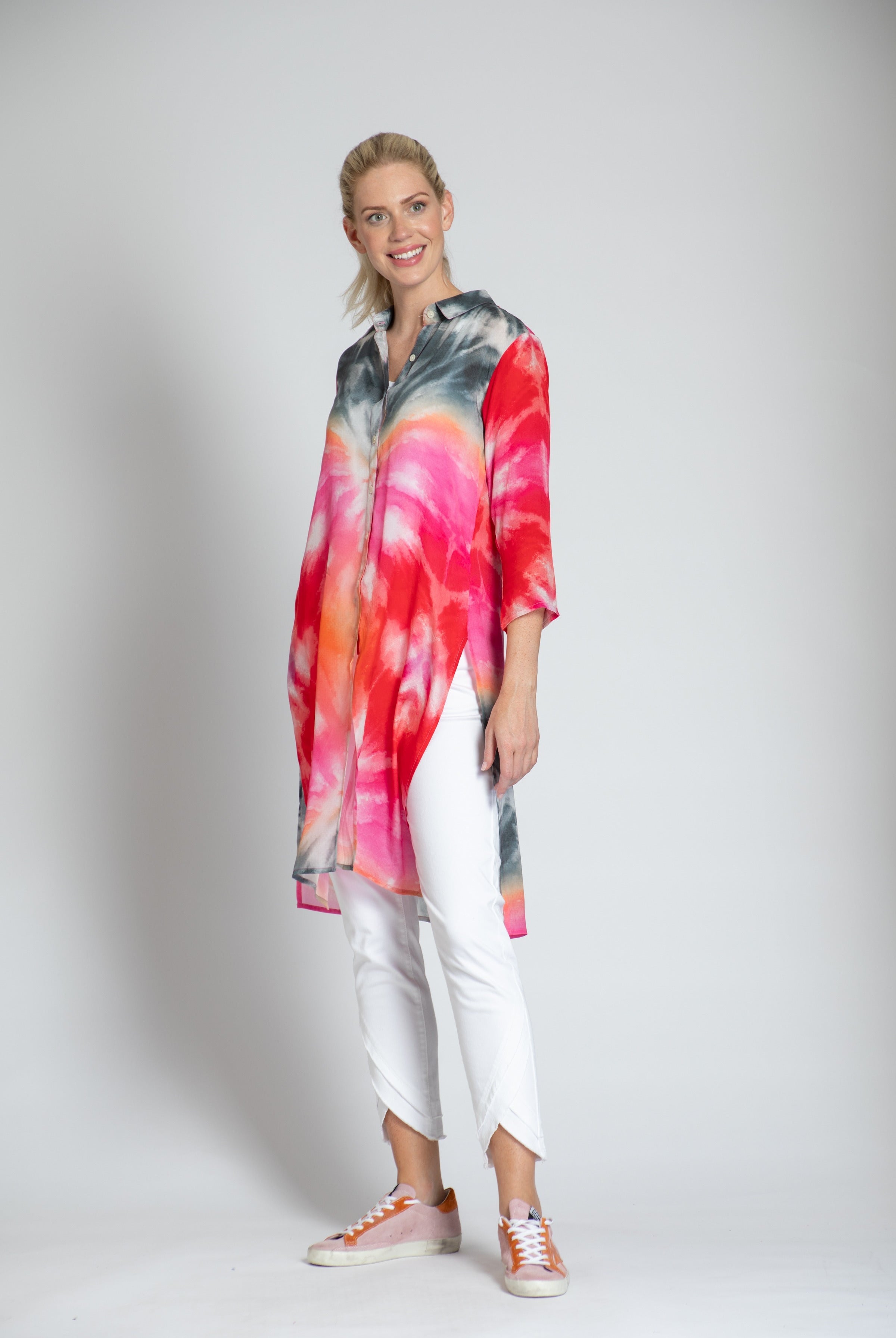 Abstract Tie Dye Print - 3⁄4 Sleeve Button-up With Side Slits