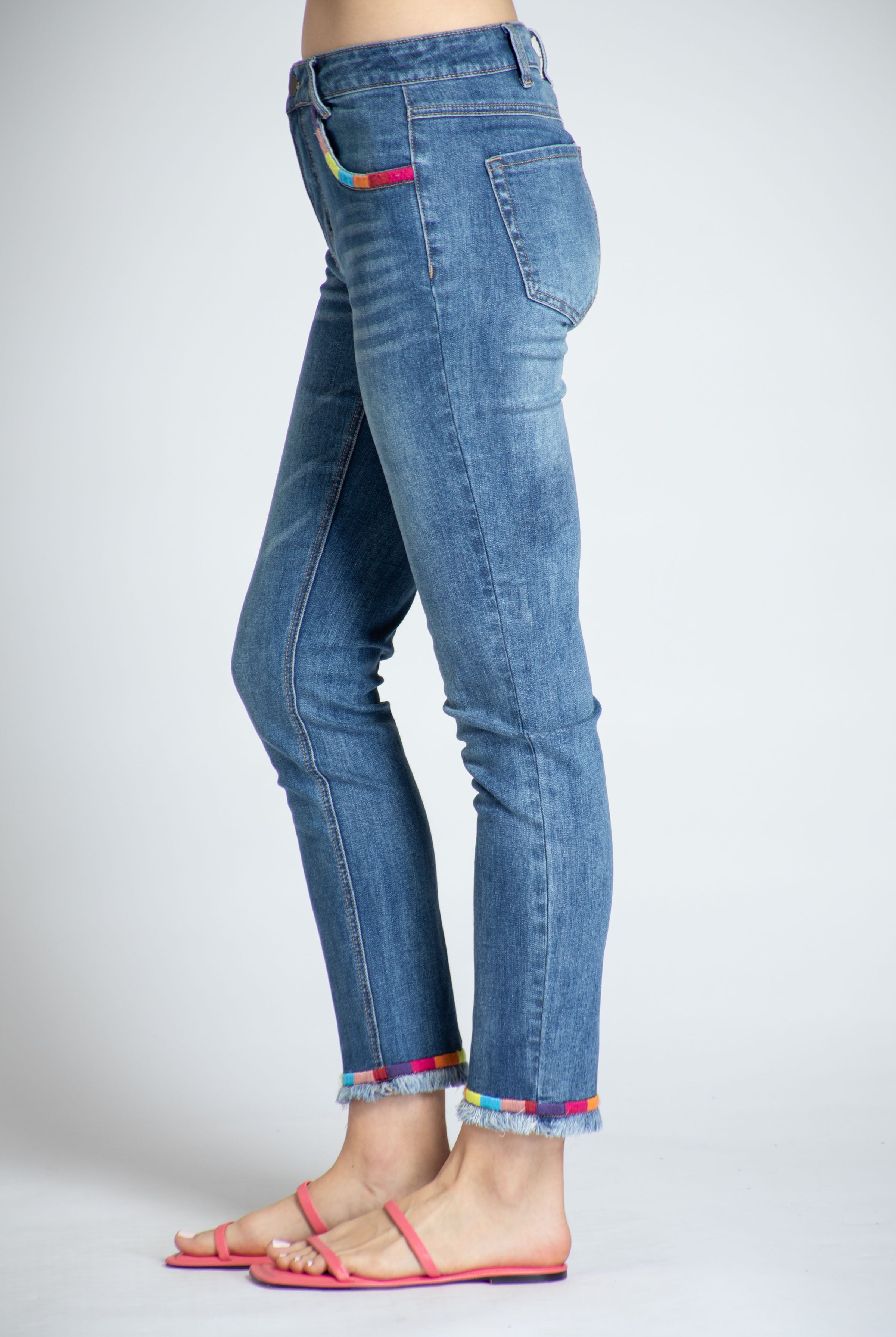 Rainbow Embroidered Straight Leg Jean - Medium Indigo