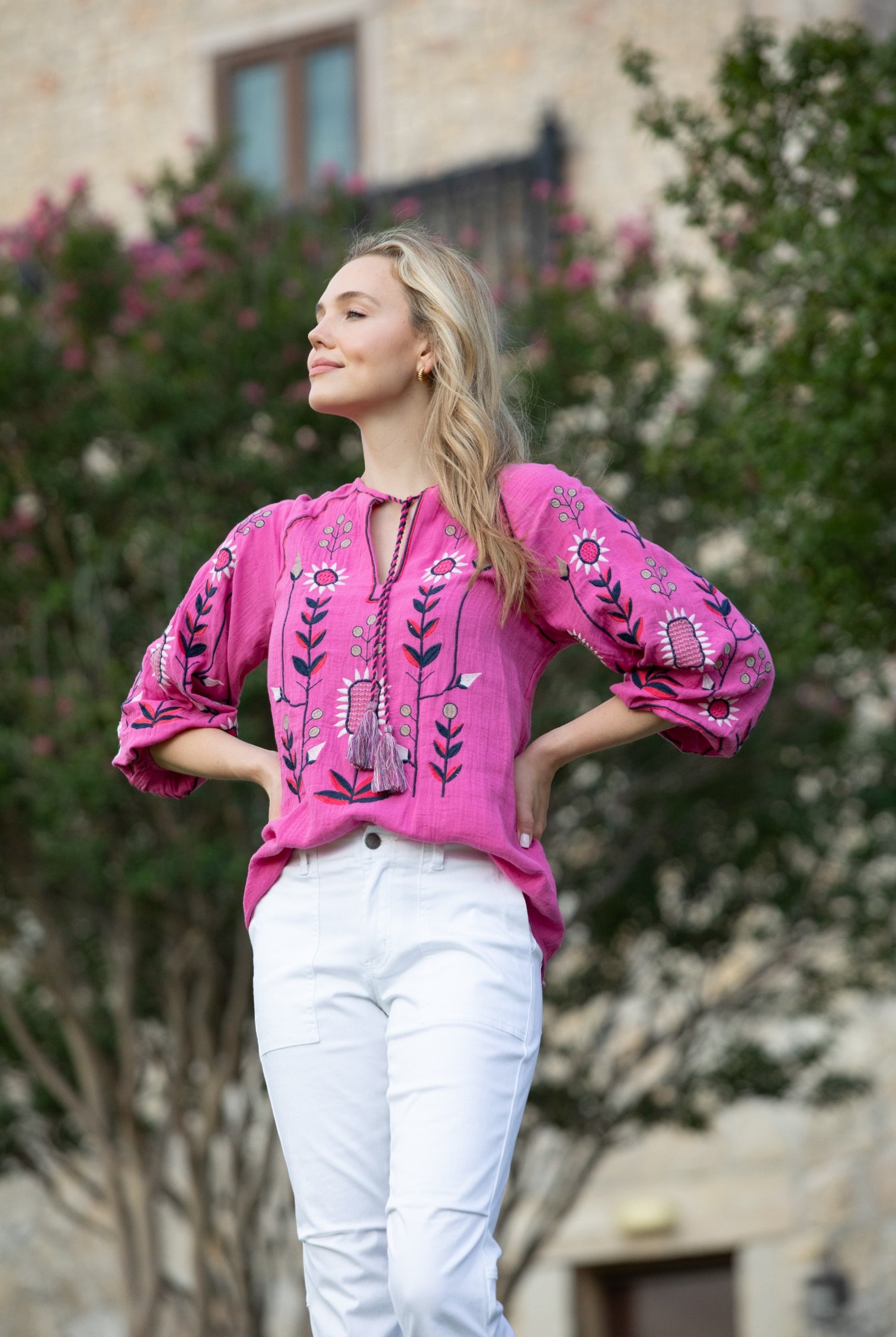 Abstract Floral Embroidered Peasant Top