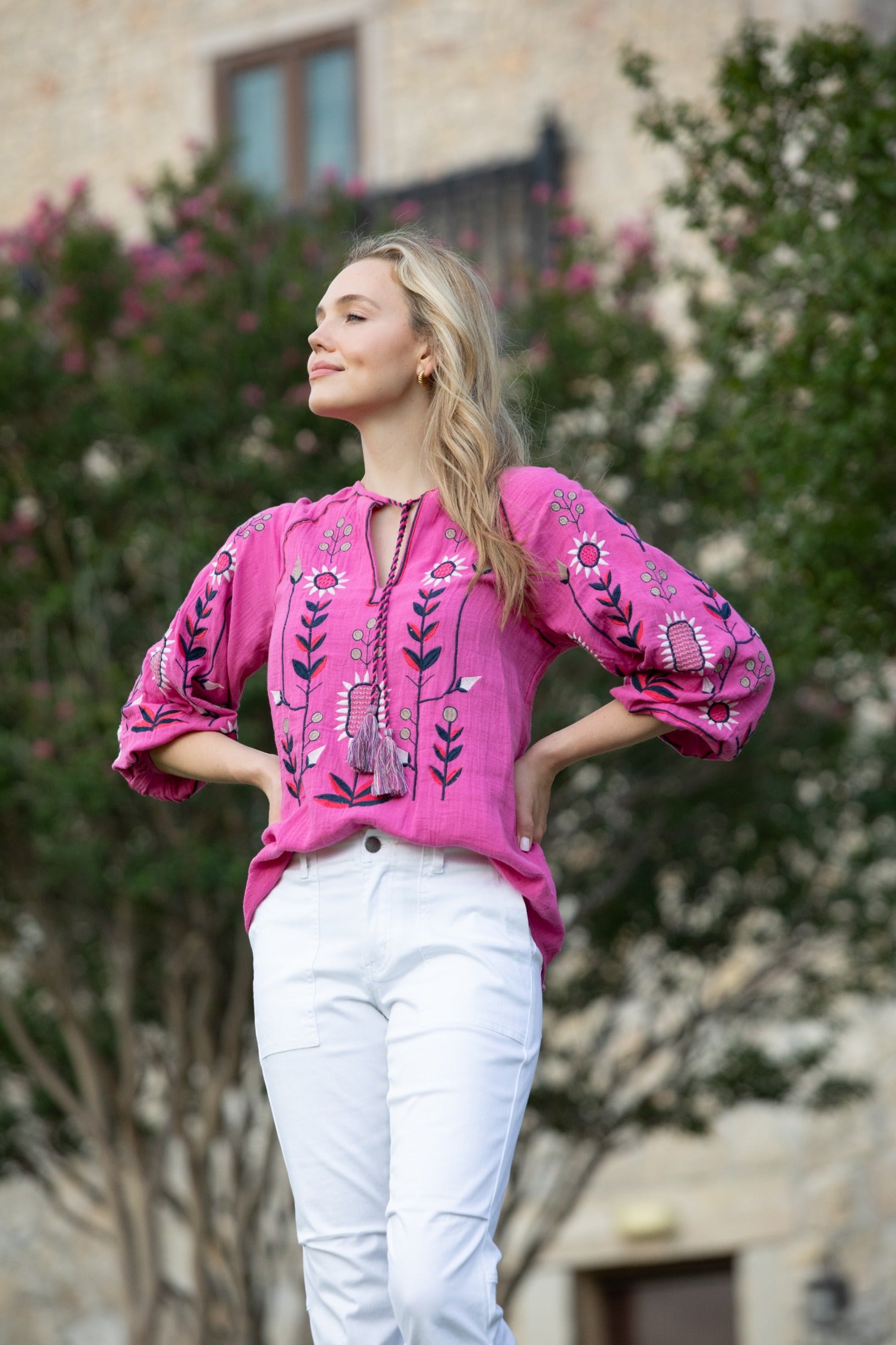 Abstract Floral Embroidered Peasant Top