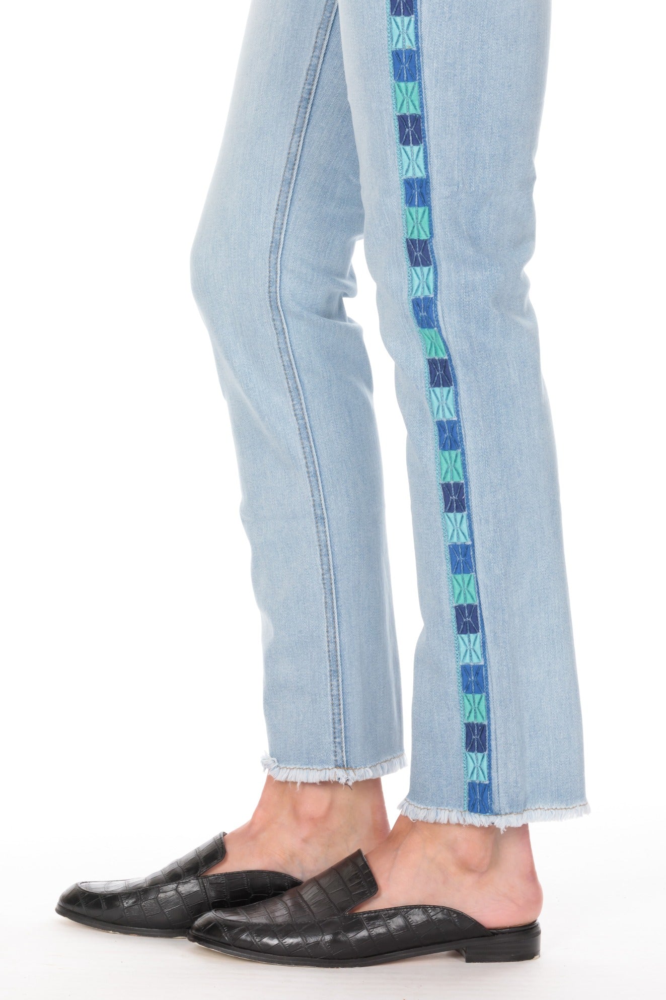 Emma Side Seam-Embroidered Straight Leg Ankle Jean ALight Indigo Bottom PNY