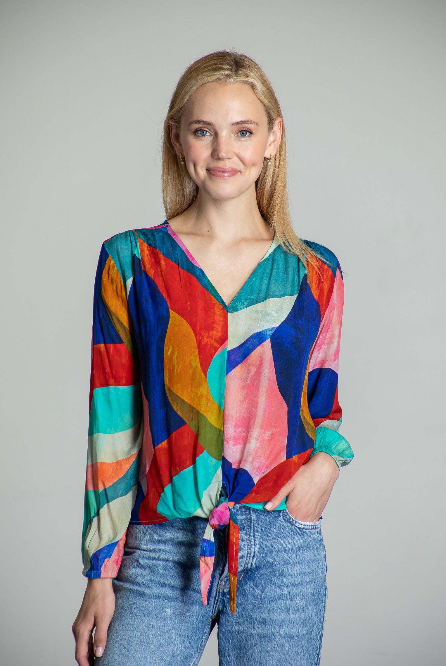 Colorful Abstract Print - V-neck Tie Front Top