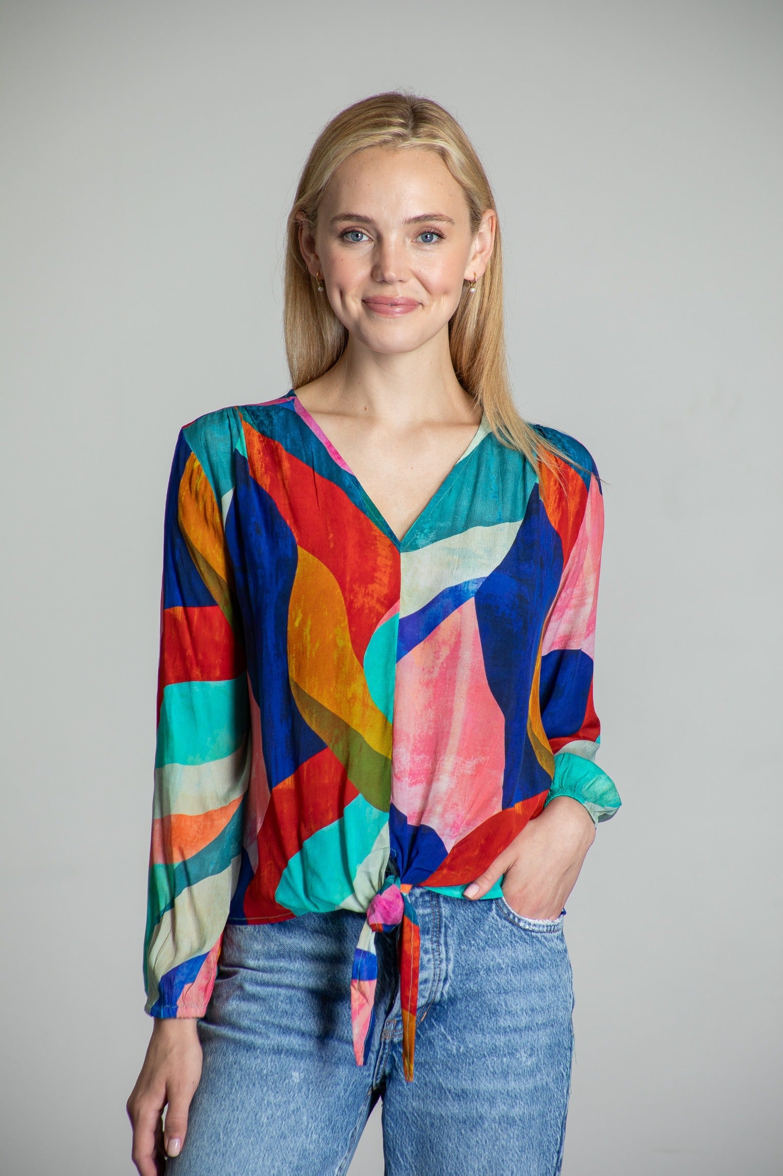 Colorful Abstract Print - V-neck Tie Front Top