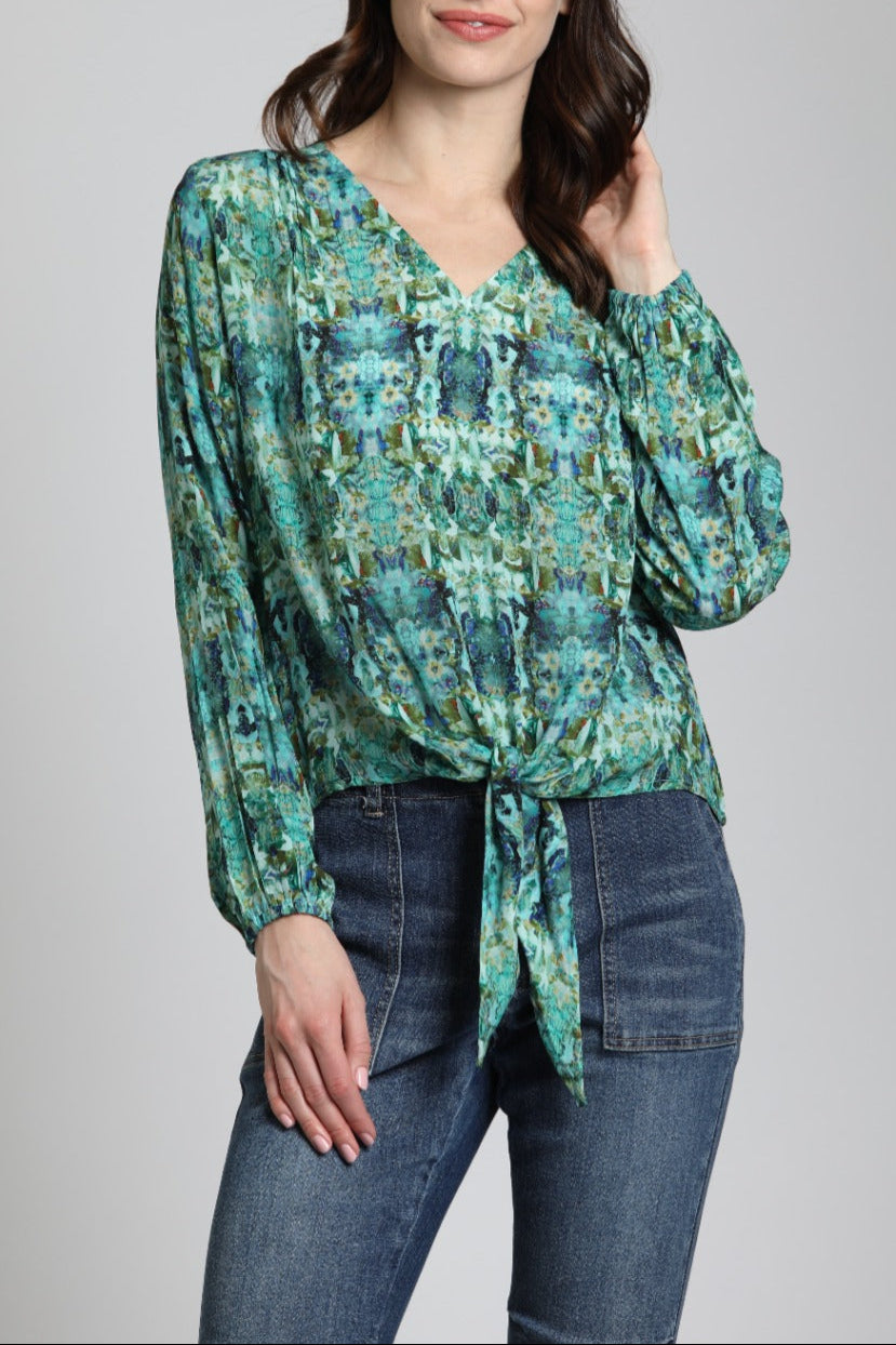 Turquoise Reflections - V Neck Tie Front Top | Front side