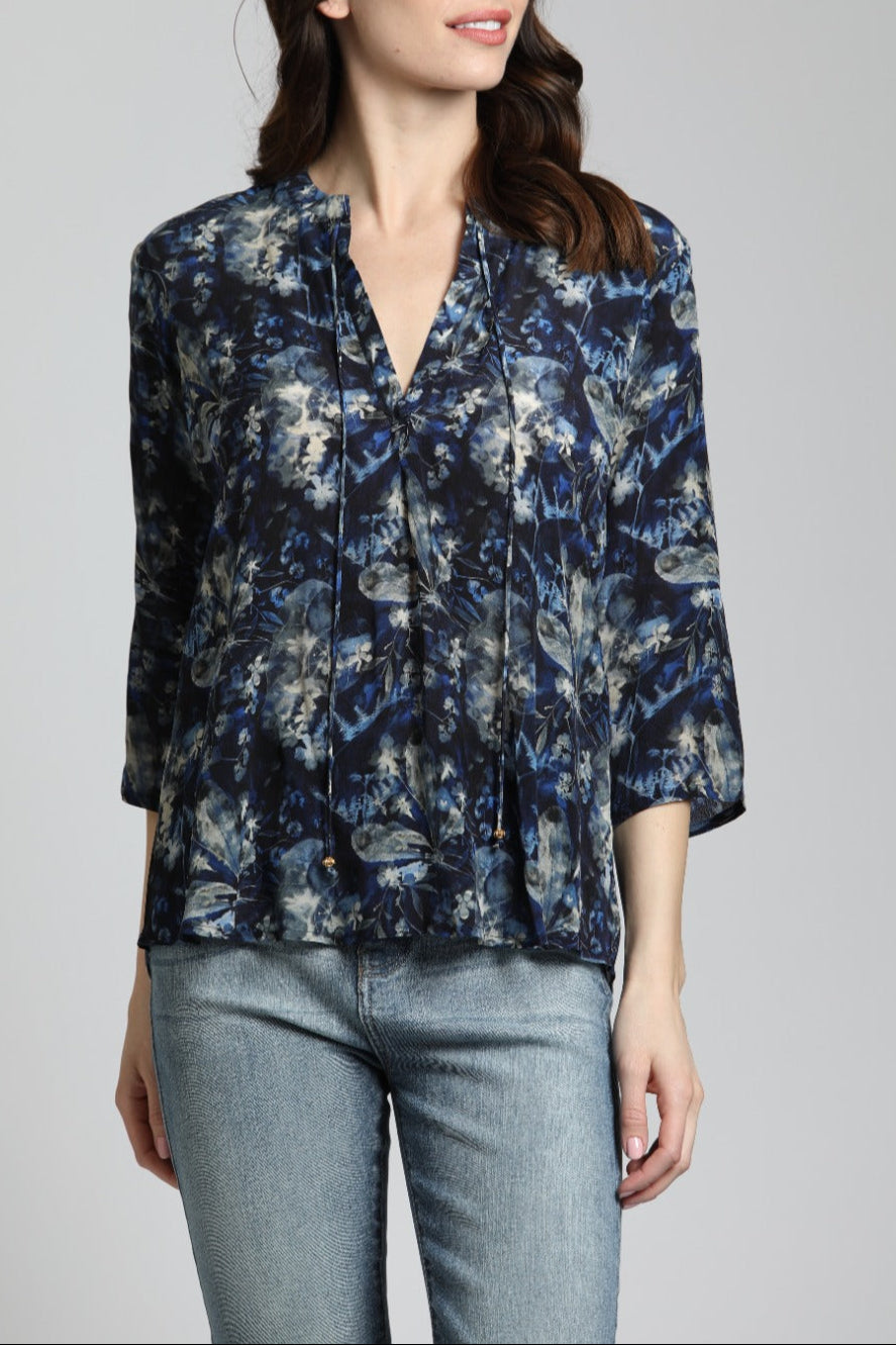 Navy Foliage Print - V Neck With Tassel | front side