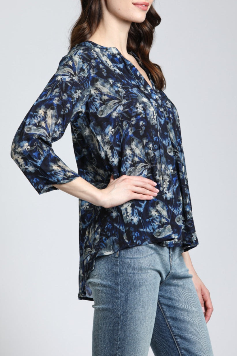 Navy Foliage Print - V Neck With Tassel | right side
