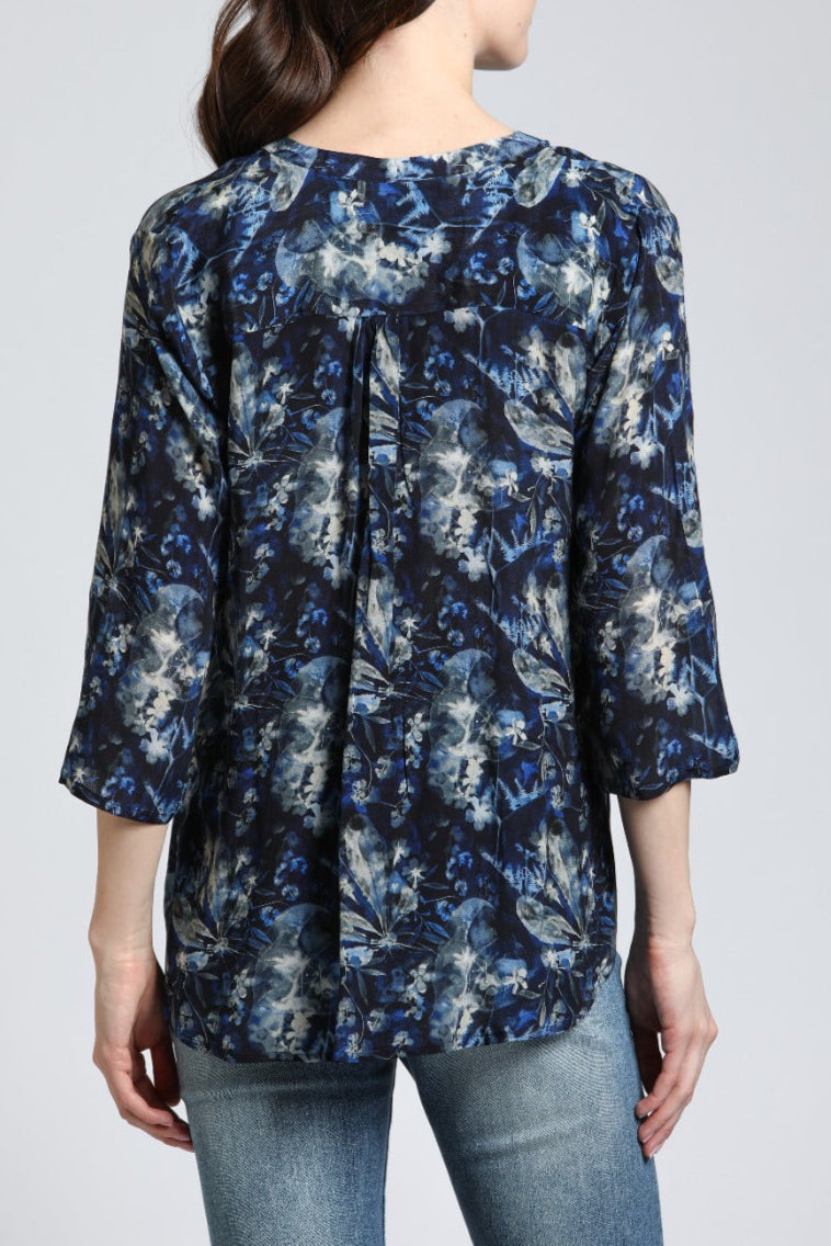 Navy Foliage Print - V Neck With Tassel | back side