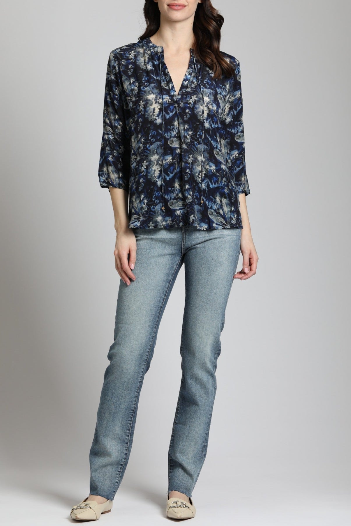 Navy Foliage Print - V Neck With Tassel | font side