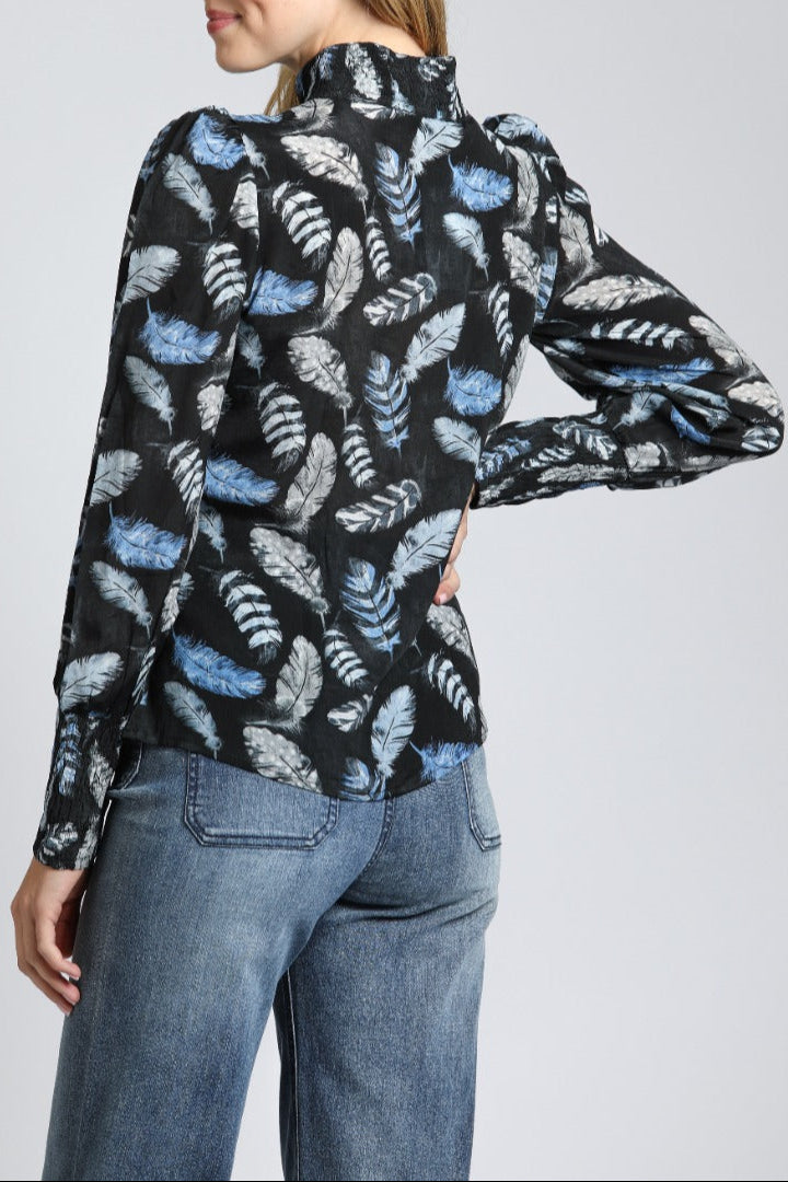Puff Sleeve Blouse & Ruched Detail with Shades Of Bue Feather Print |back side