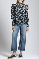 Puff Sleeve Blouse & Ruched Detail with Shades Of Bue Feather Print | front side