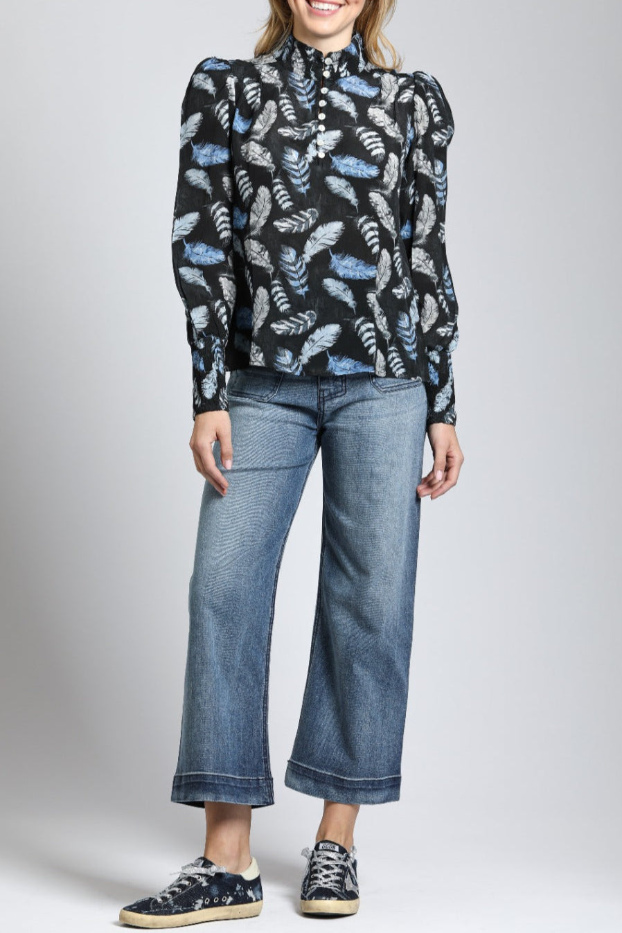 Puff Sleeve Blouse & Ruched Detail with Shades Of Bue Feather Print | front side
