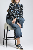 Puff Sleeve Blouse & Ruched Detail with Shades Of Bue Feather Print | front side