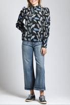 Puff Sleeve Blouse & Ruched Detail with Shades Of Bue Feather Print 