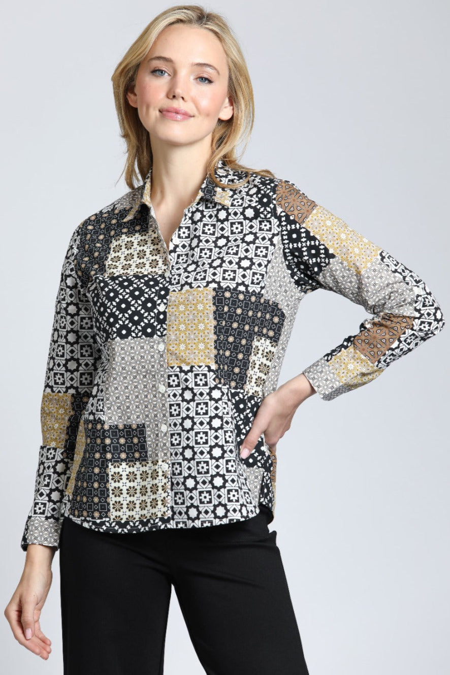 Classic Button-up Shirt with Earth Tone Patchwork Print | front side